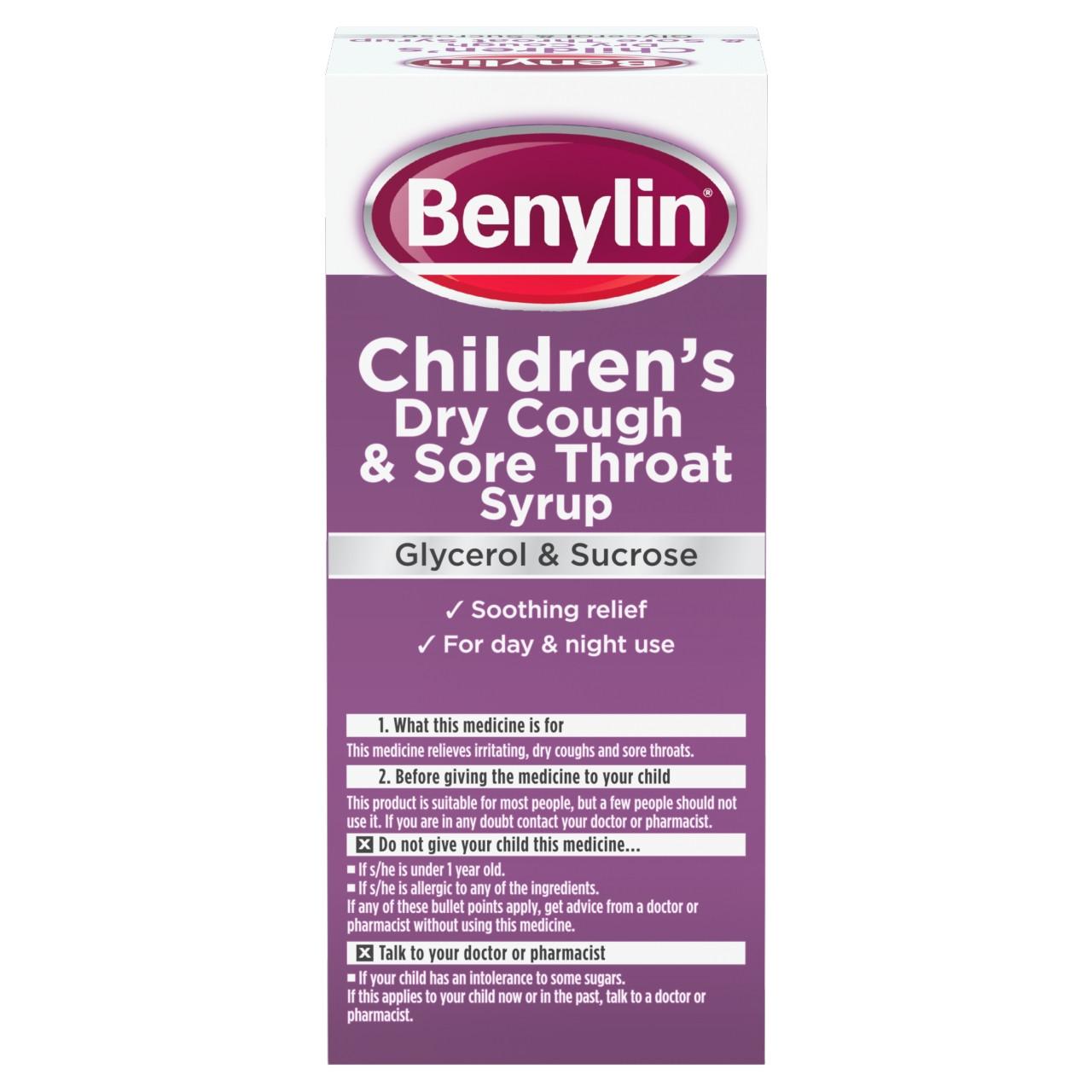 Benylin Children's Dry Cough and Sore Throat Syrup 125ml Image https://cdn11.bigcommerce.com/s-g585yu857h/images/stencil/1280w/products/13885/33587/03574661237008_T20___10274.1783004824.jpg1