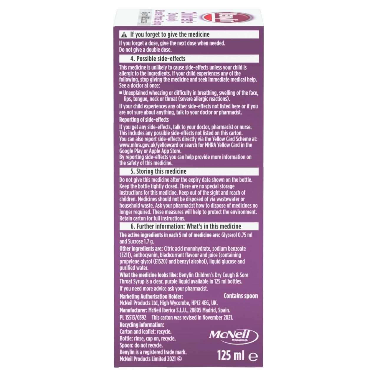 Benylin Children's Dry Cough and Sore Throat Syrup 125ml Image https://cdn11.bigcommerce.com/s-g585yu857h/images/stencil/1280w/products/13885/33592/03574661237008_T24___30655.1783004824.jpg1
