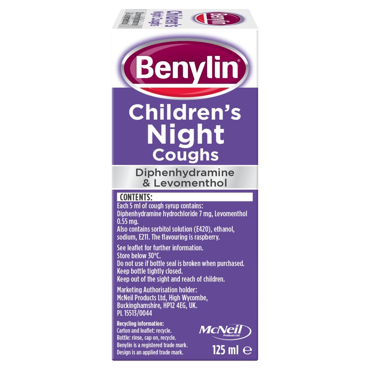 Benylin Children's Night Coughs 125ml Image https://cdn11.bigcommerce.com/s-g585yu857h/images/stencil/1280w/products/13887/33478/05010123667740_T24___74193.1783003731.jpg1