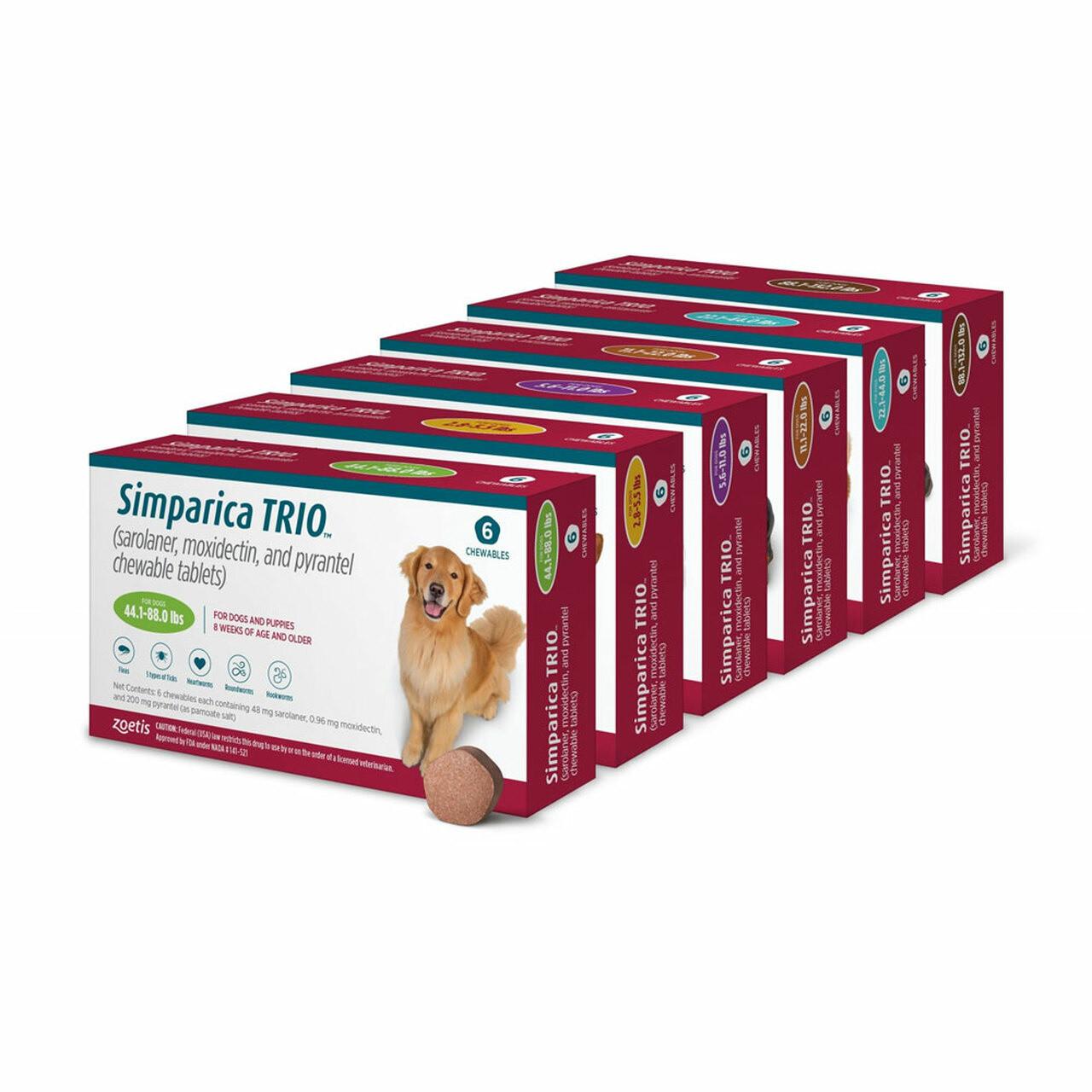 Simparica Trio Chewable Tablets for Dogs Image https://cdn11.bigcommerce.com/s-g585yu857h/images/stencil/1280w/products/14074/24257/Simparica-Trio-Chewable-Tablets-for-Dogs-Pack-of-6-48mg-%2820-40kg%29__82234.1764229487.jpg1