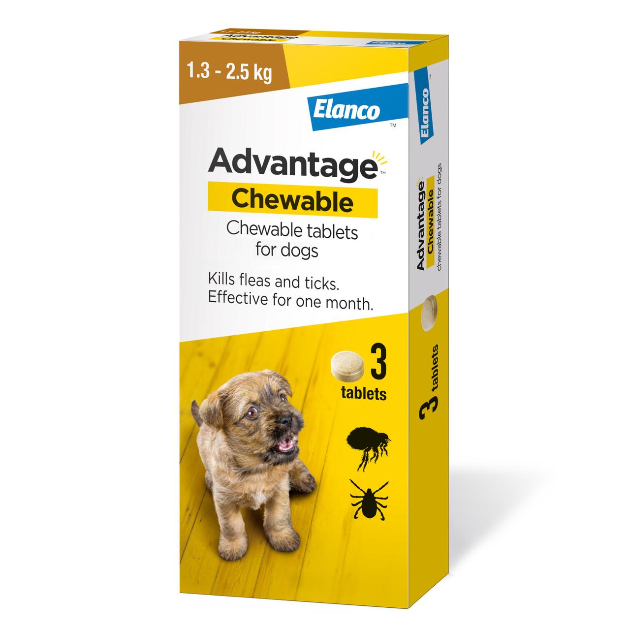 Advantage Chewable Tablets Flea & Tick Treatment for Dogs Image https://cdn11.bigcommerce.com/s-g585yu857h/images/stencil/1280w/products/14134/24539/Advantage-Chewable-Flea-and-Tick-Protection-for-Dogs-%281.3-2.5kg%29-56.25mg-3PK__53728.1764229662.jpg1