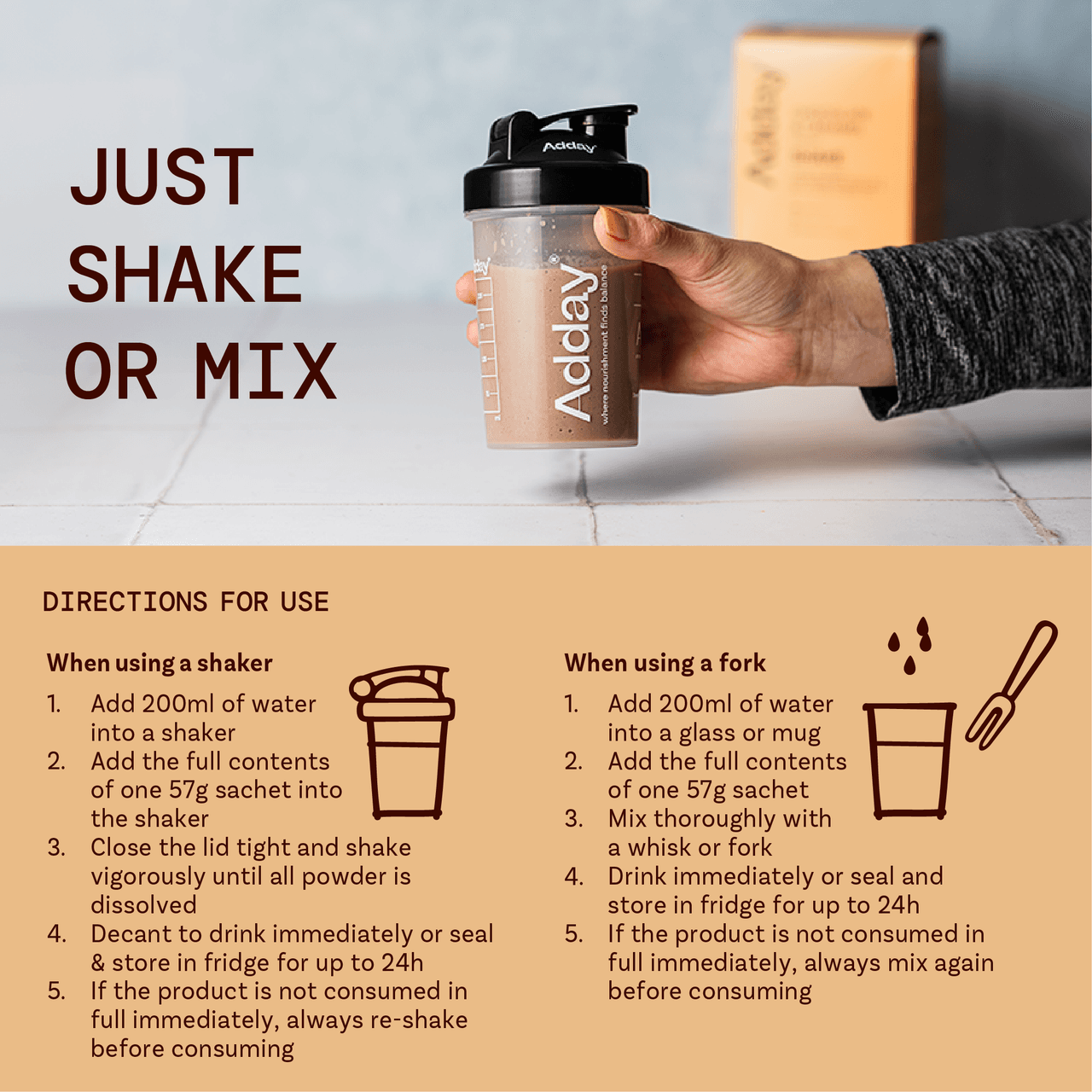 Adday Chocolate & Caramel Flavoured Shake 7 Sachets Image https://cdn11.bigcommerce.com/s-g585yu857h/images/stencil/1280w/products/14396/28483/Adday_Chocolate_and_Caramel_Shake_4__09735.1773761031.png1