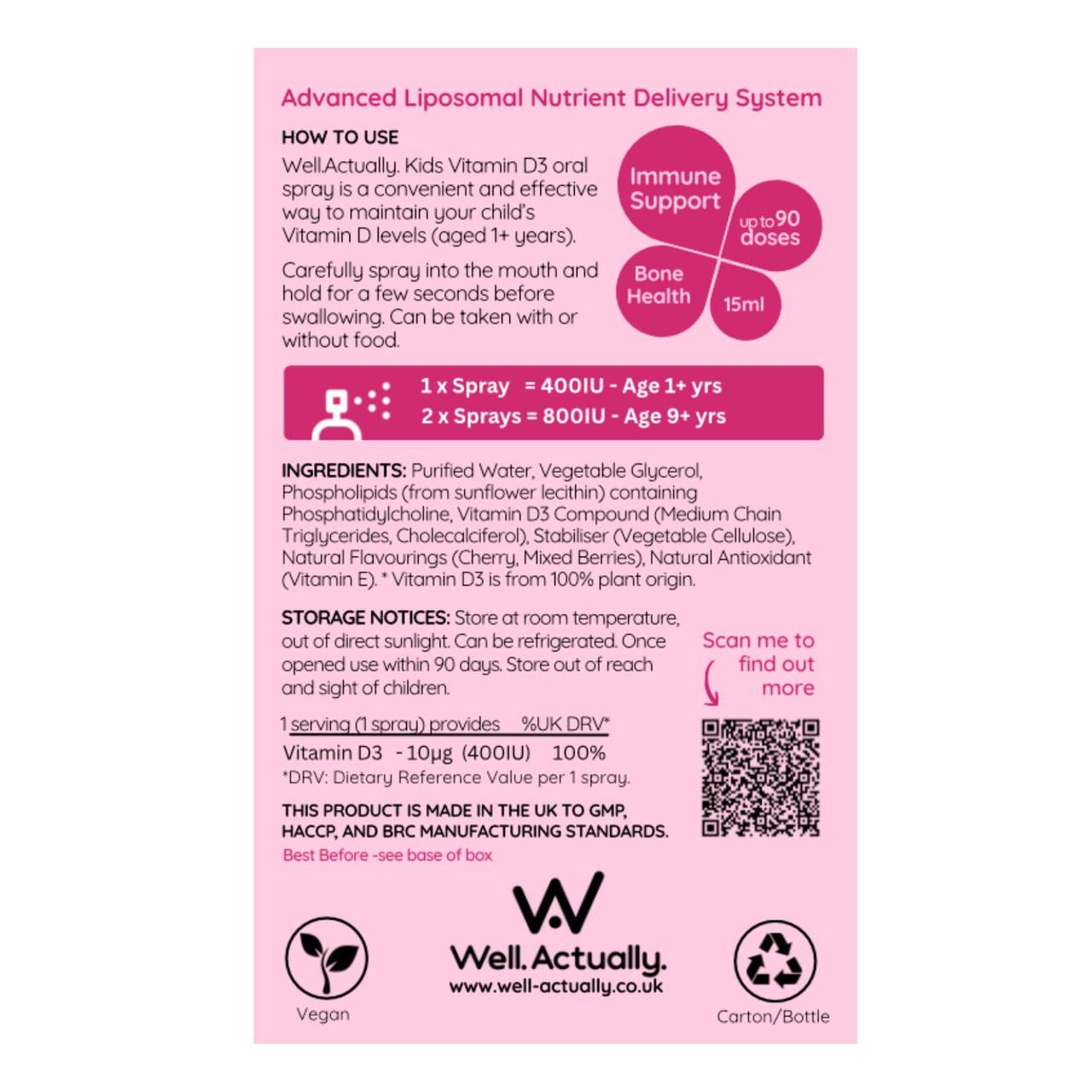 Well. Actually. Kids Liposomal Vitamin D3 Spray 400-800IU, Cherry Berry Flavour, 15ml Image https://cdn11.bigcommerce.com/s-g585yu857h/images/stencil/1280w/products/14716/26207/5060298861405_2__06247.1768899024.jpg1