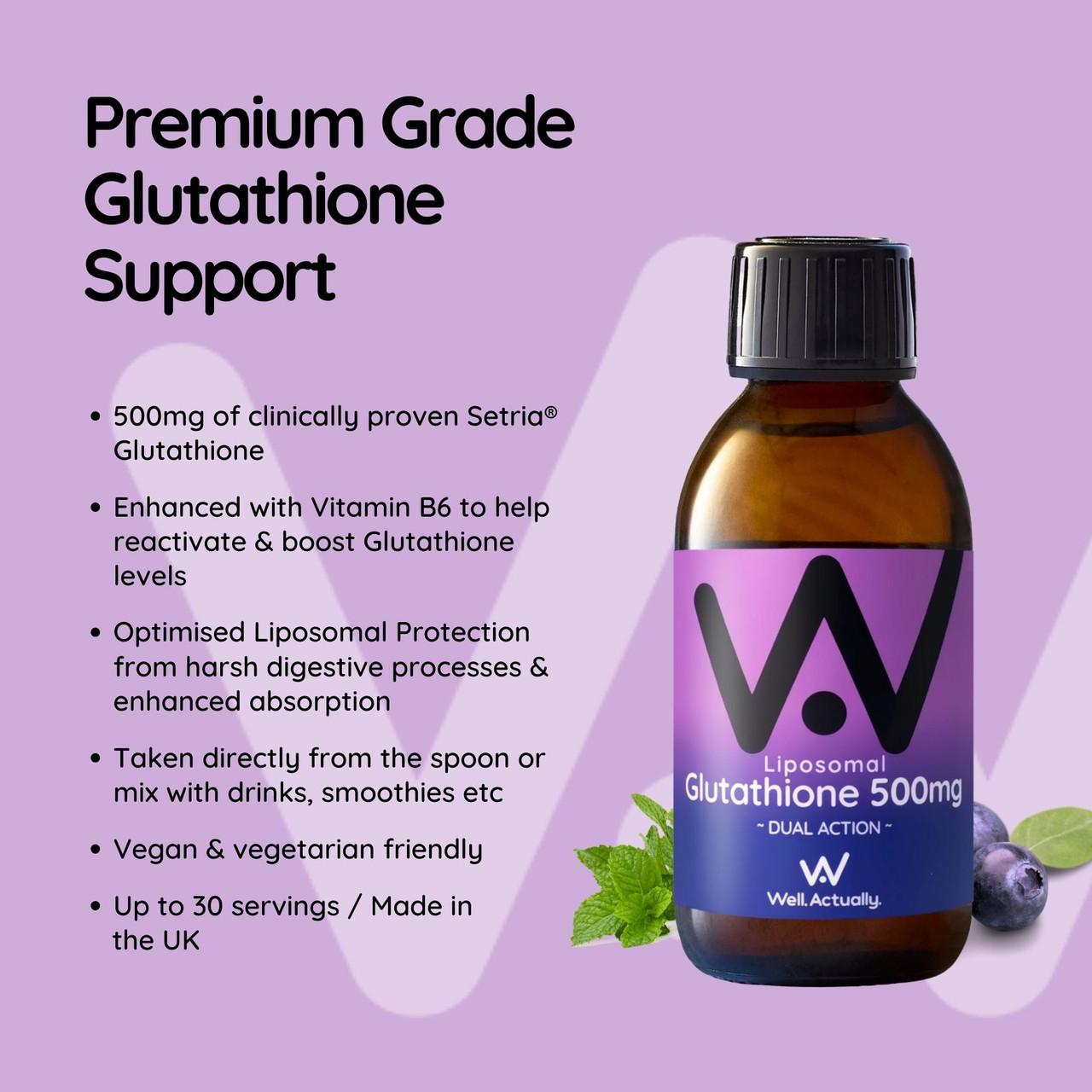 Well. Actually. Liposomal Glutathione 500mg, Blueberry Flavour, 150ml Image https://cdn11.bigcommerce.com/s-g585yu857h/images/stencil/1280w/products/14728/26140/5060298861634_4__47632.1768838195.jpg1