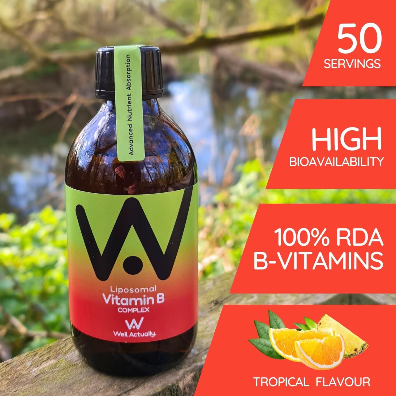 Well. Actually. Liposomal Vitamin B Complex, Tropical Flavour, 250ml Image https://cdn11.bigcommerce.com/s-g585yu857h/images/stencil/1280w/products/14731/26149/5060298861580_3__38210.1768832847.jpg1