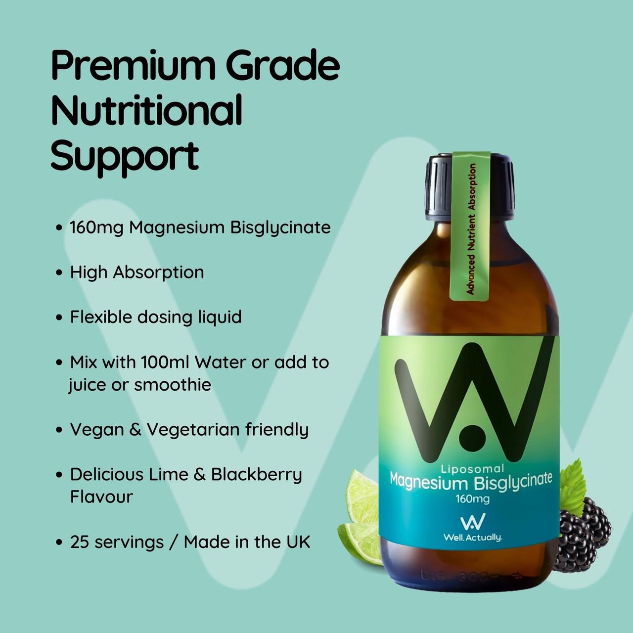 Well. Actually. Liposomal Magnesium Glycinate 160mg, Lime & Blackberry Flavour, 250ml Image https://cdn11.bigcommerce.com/s-g585yu857h/images/stencil/1280w/products/14737/26157/5060298861566_4__14146.1768898717.jpg1