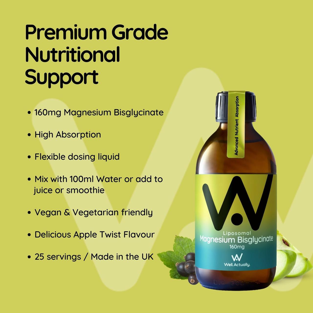 Well. Actually. Liposomal Magnesium Glycinate 160mg, Apple Twist Flavour, 250ml Image https://cdn11.bigcommerce.com/s-g585yu857h/images/stencil/1280w/products/14740/26162/5060298860699_4__72510.1768898741.jpg1