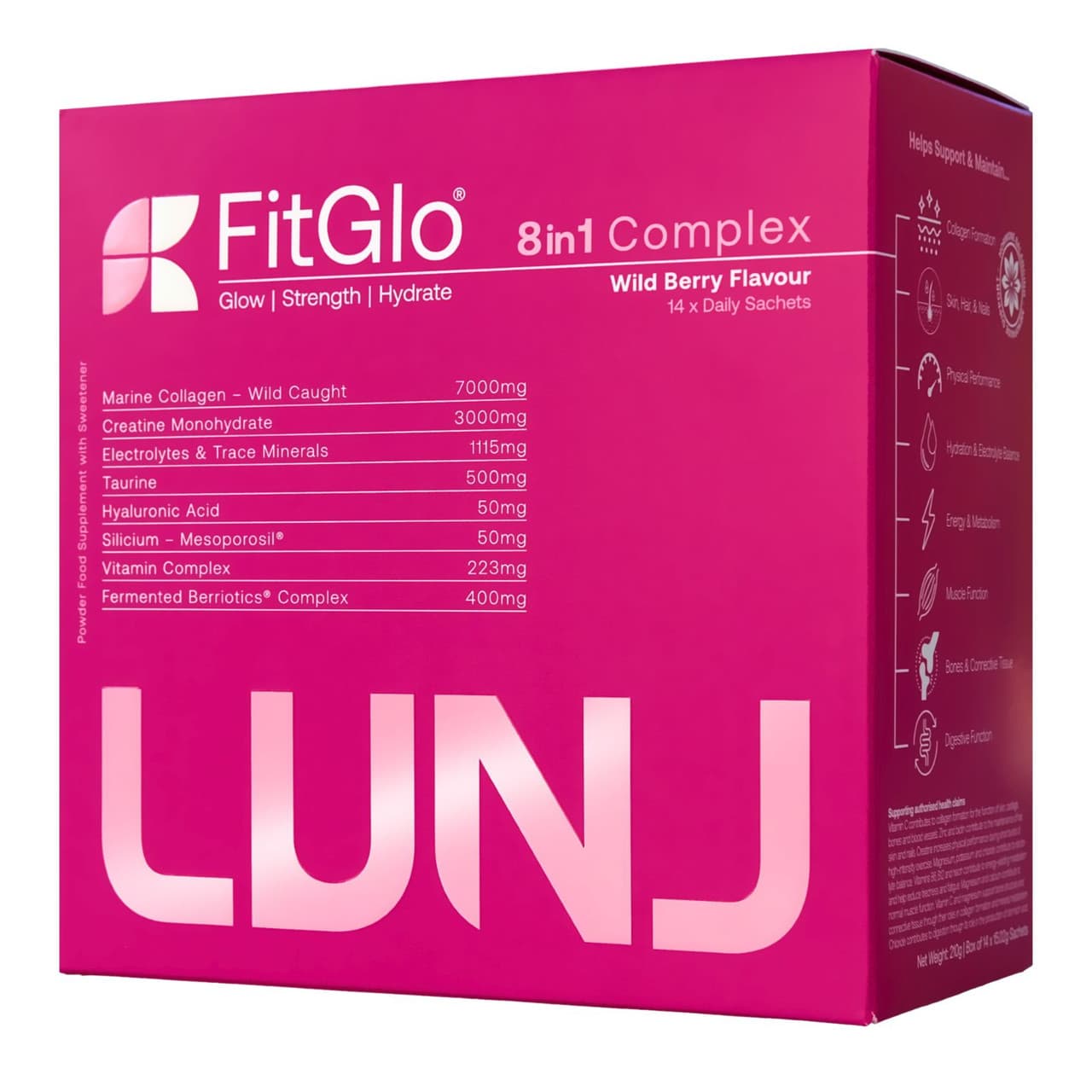 LUNJ FitGlo 8 in 1 Daily Complex - Wild Berry Flavour - 14 Sachets Image https://cdn11.bigcommerce.com/s-g585yu857h/images/stencil/1280w/products/14751/27962/5060298861306_3__64467.1773074994.jpg1