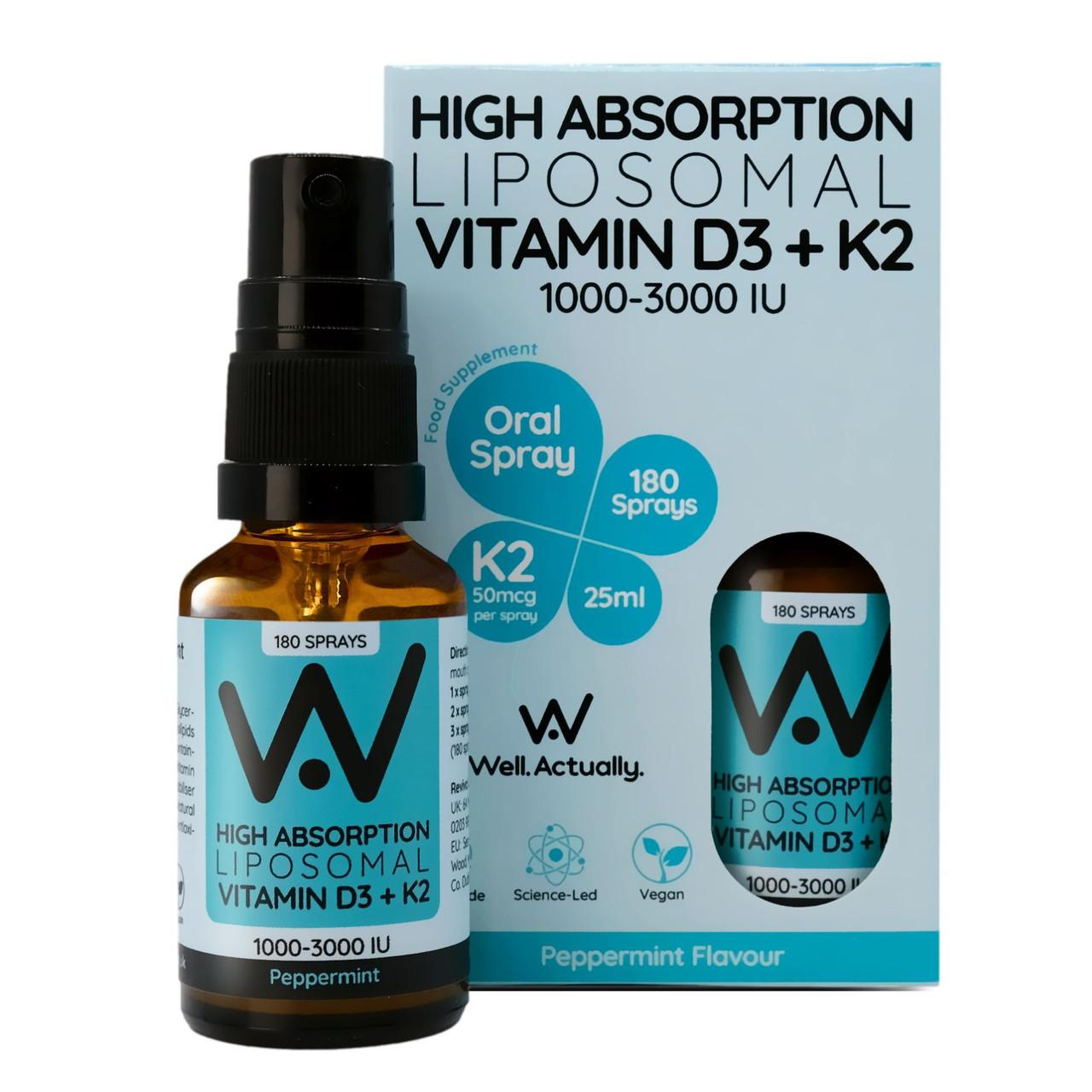 Well. Actually. Liposomal Vitamin D3+K2 Spray 1000-3000IU, Peppermint Flavour, 25ml Image 1