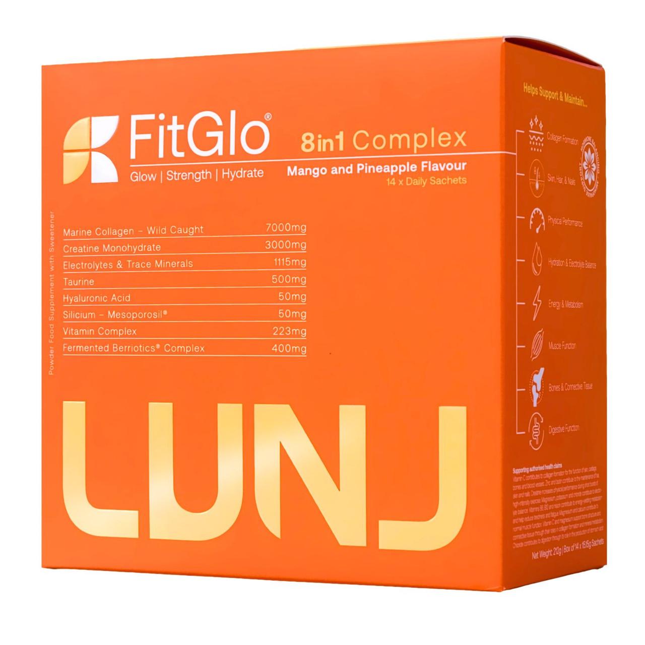 LUNJ FitGlo 8 in 1 Daily Complex - Mango & Pineapple Flavour - 14 Sachets Image https://cdn11.bigcommerce.com/s-g585yu857h/images/stencil/1280w/products/14754/27956/5060298861375_3__06093.1773074954.jpg1