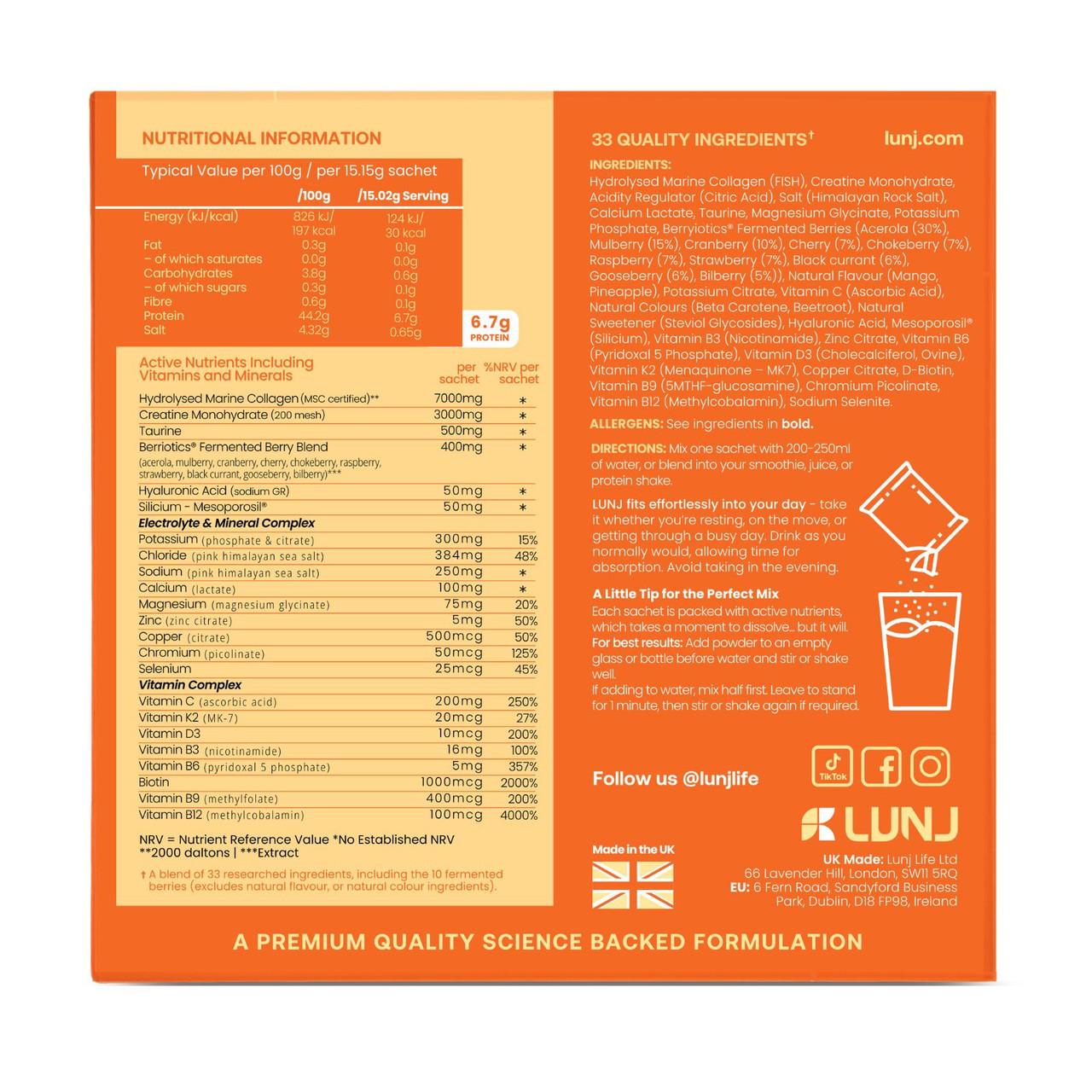 LUNJ FitGlo 8 in 1 Daily Complex - Mango & Pineapple Flavour - 14 Sachets Image https://cdn11.bigcommerce.com/s-g585yu857h/images/stencil/1280w/products/14754/27958/5060298861375_4__17819.1783595770.jpg1