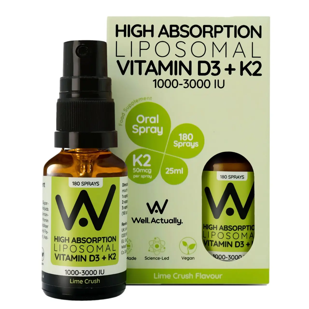 Well. Actually. Liposomal Vitamin D3+K2 Spray 1000-3000IU, Lime Crush Flavour, 25ml Image 1