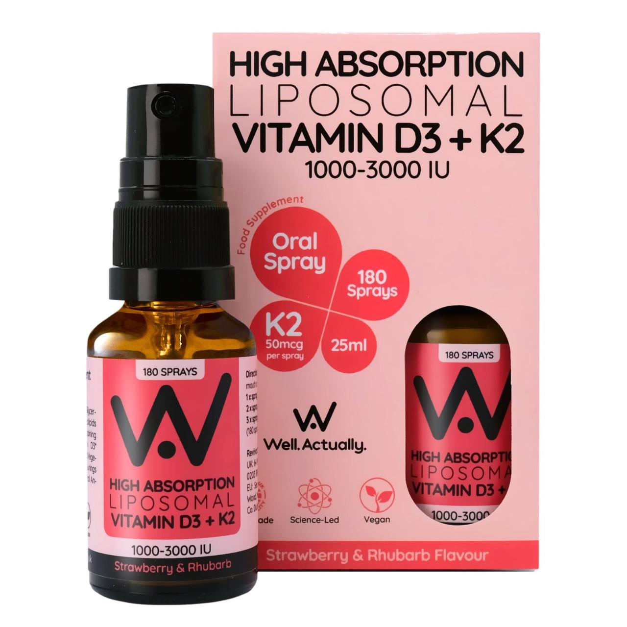 Well. Actually. Liposomal Vitamin D3+K2 Spray 1000-3000IU, Strawberry & Rhubarb Flavour, 25ml Image 1