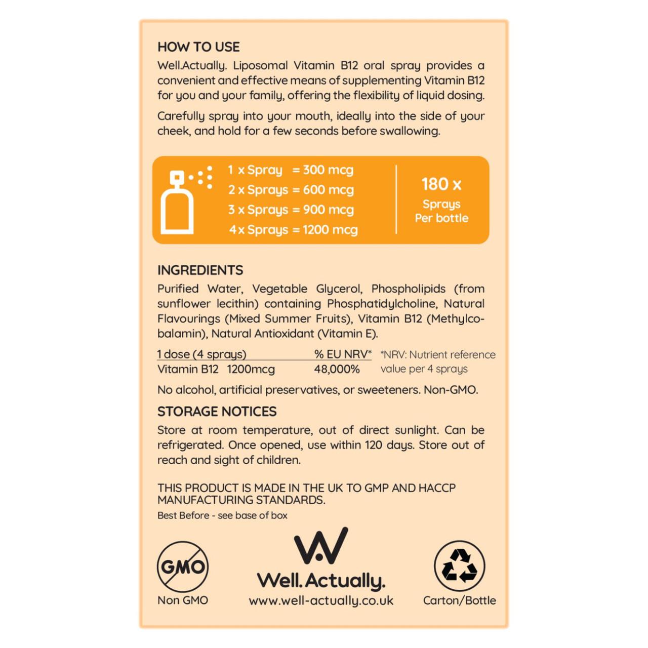 Well. Actually. Liposomal Vitamin B12 Spray 300-1200mcg, Truly Fruity Flavour, 25ml Image https://cdn11.bigcommerce.com/s-g585yu857h/images/stencil/1280w/products/14761/26197/5060298861863_2__90947.1785920229.jpg1