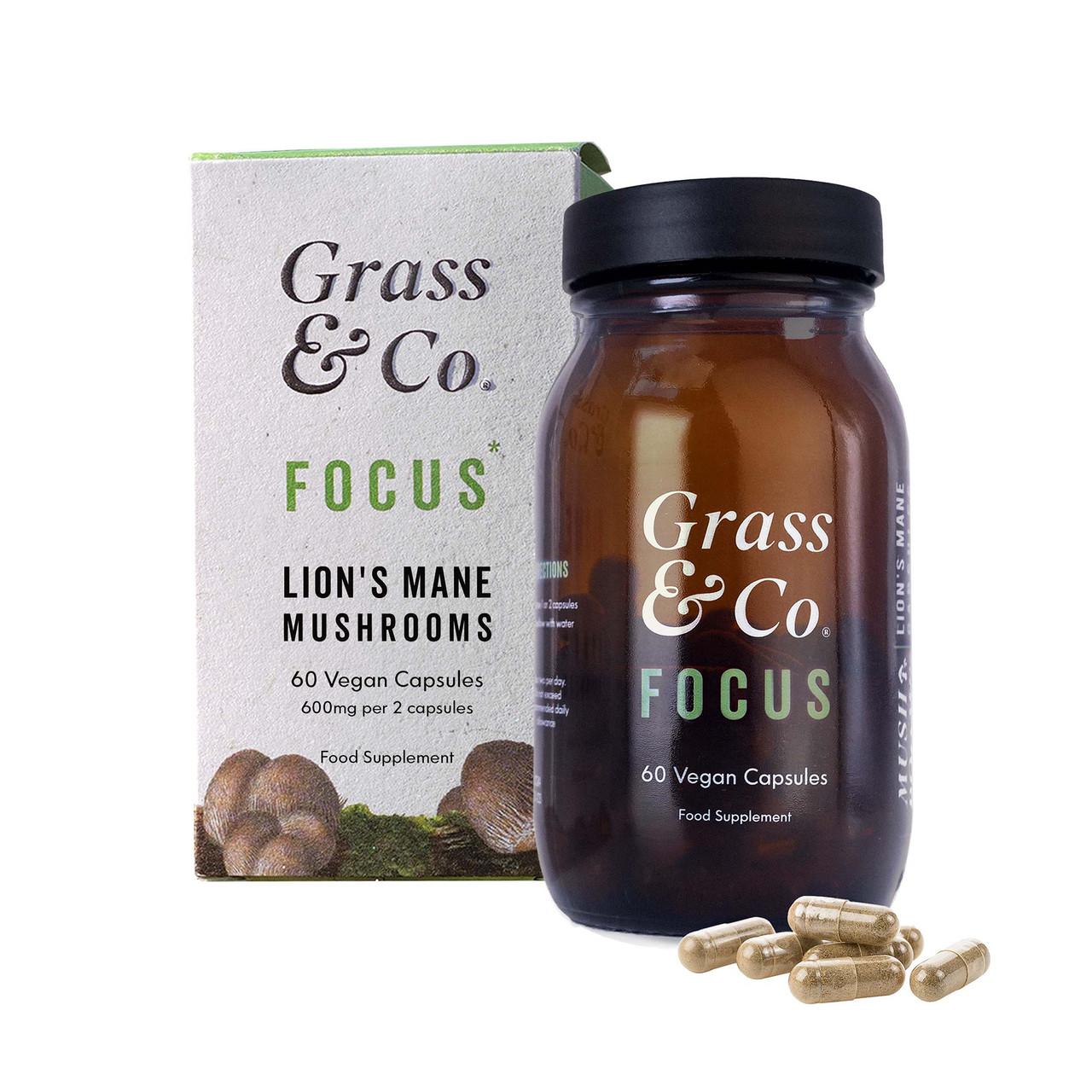 Grass & Co. FOCUS Lion's Mane Mushrooms with Ginseng + Omega-3, 60 Vegan Capsules Image 1