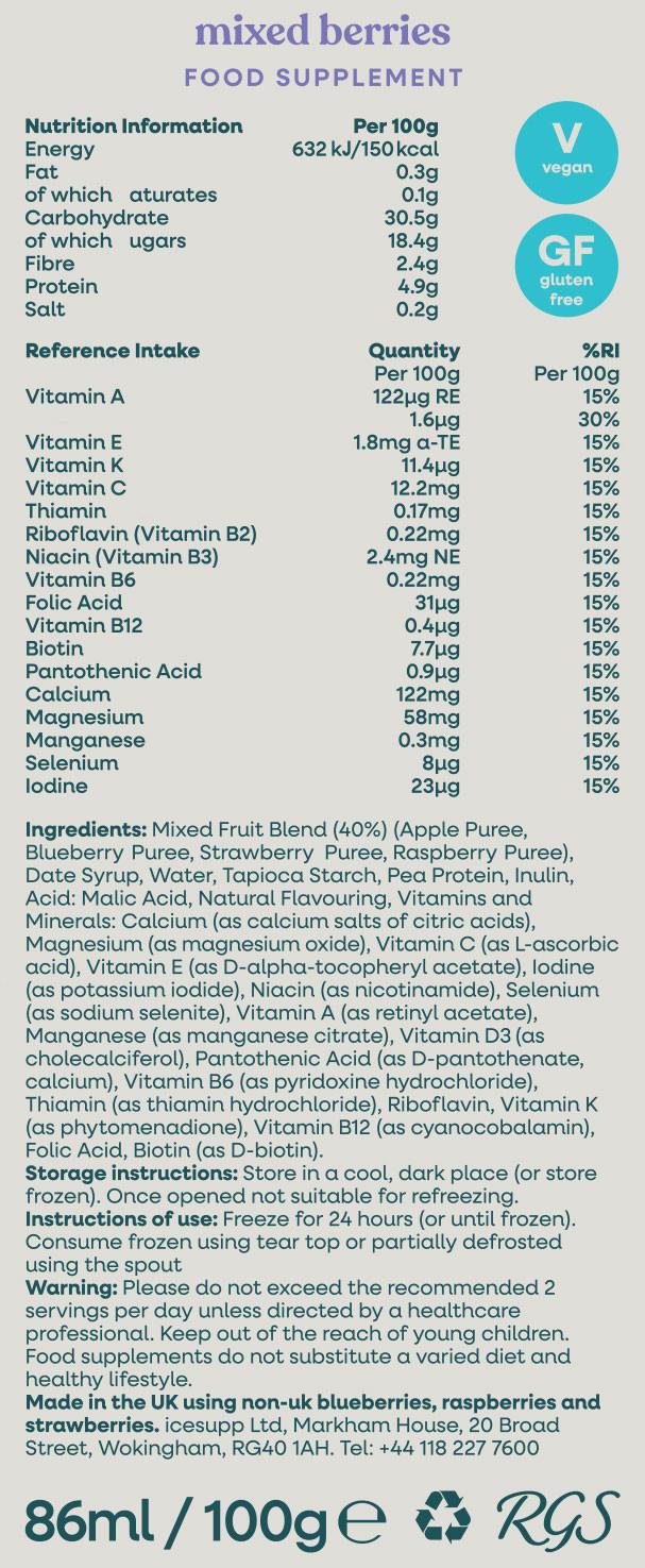 Icesupp Frozen Nutritional Supplement Mixed Berries 12 Pack Image https://cdn11.bigcommerce.com/s-g585yu857h/images/stencil/1280w/products/14818/29783/Mixed-Berries_Back-of-pack__76168.1776355862.jpg1