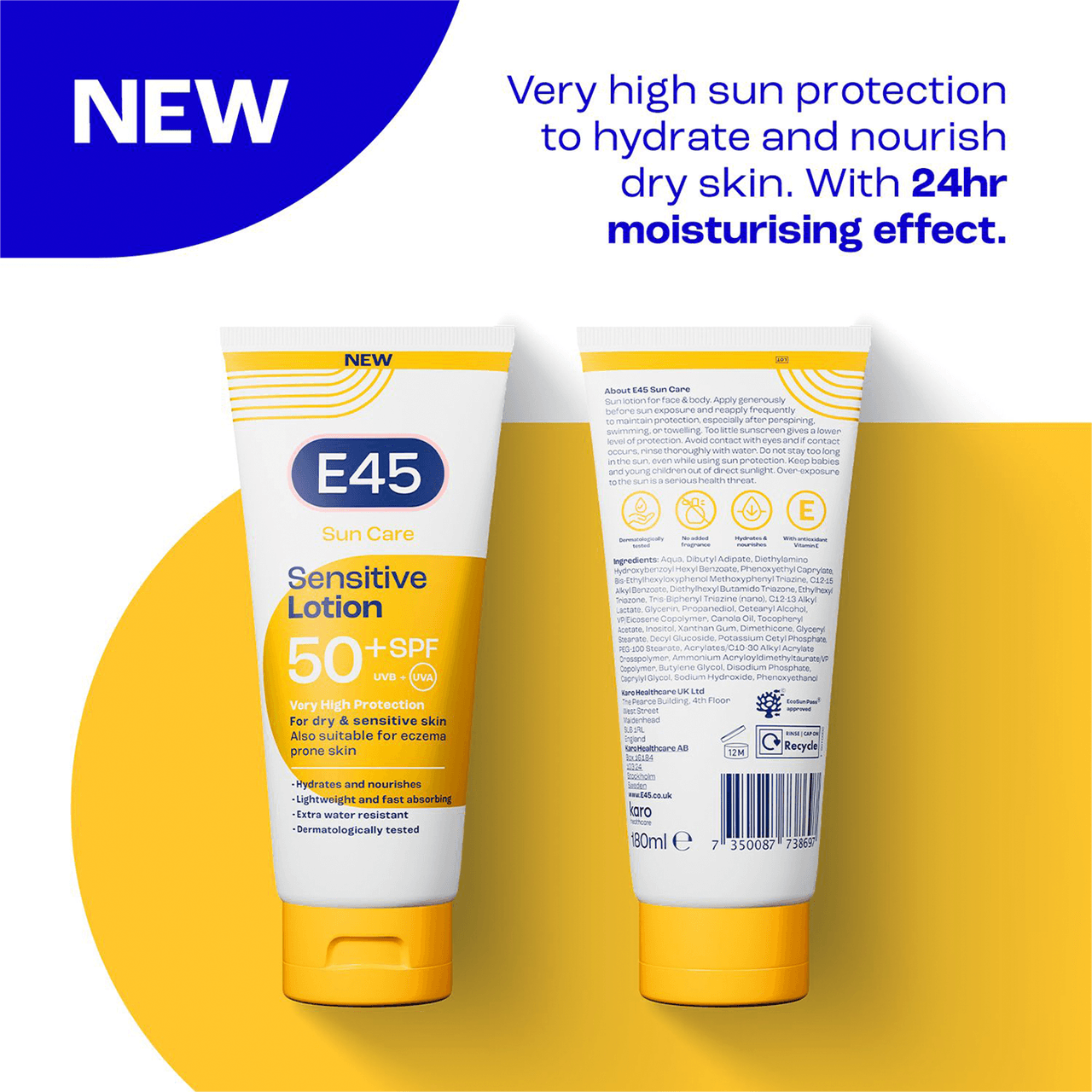 E45 Sun Care SPF50+ UVB + UVA Sensitive Lotion 180ml Image https://cdn11.bigcommerce.com/s-g585yu857h/images/stencil/1280w/products/15716/28738/7350087738697_T60__85967.1785920633.png1