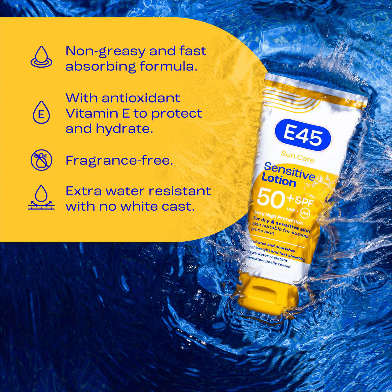 E45 Sun Care SPF50+ UVB + UVA Sensitive Lotion 180ml Image https://cdn11.bigcommerce.com/s-g585yu857h/images/stencil/1280w/products/15716/28741/7350087738697_T63__50144.1773938018.png1