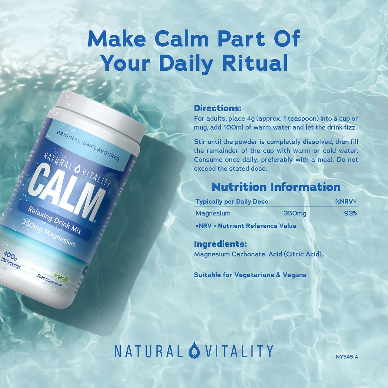 Natural Vitality Calm Relaxing Drink Mix Unflavoured 400g Image https://cdn11.bigcommerce.com/s-g585yu857h/images/stencil/1280w/products/16241/31069/165981-05__90130.1778766233.jpg1