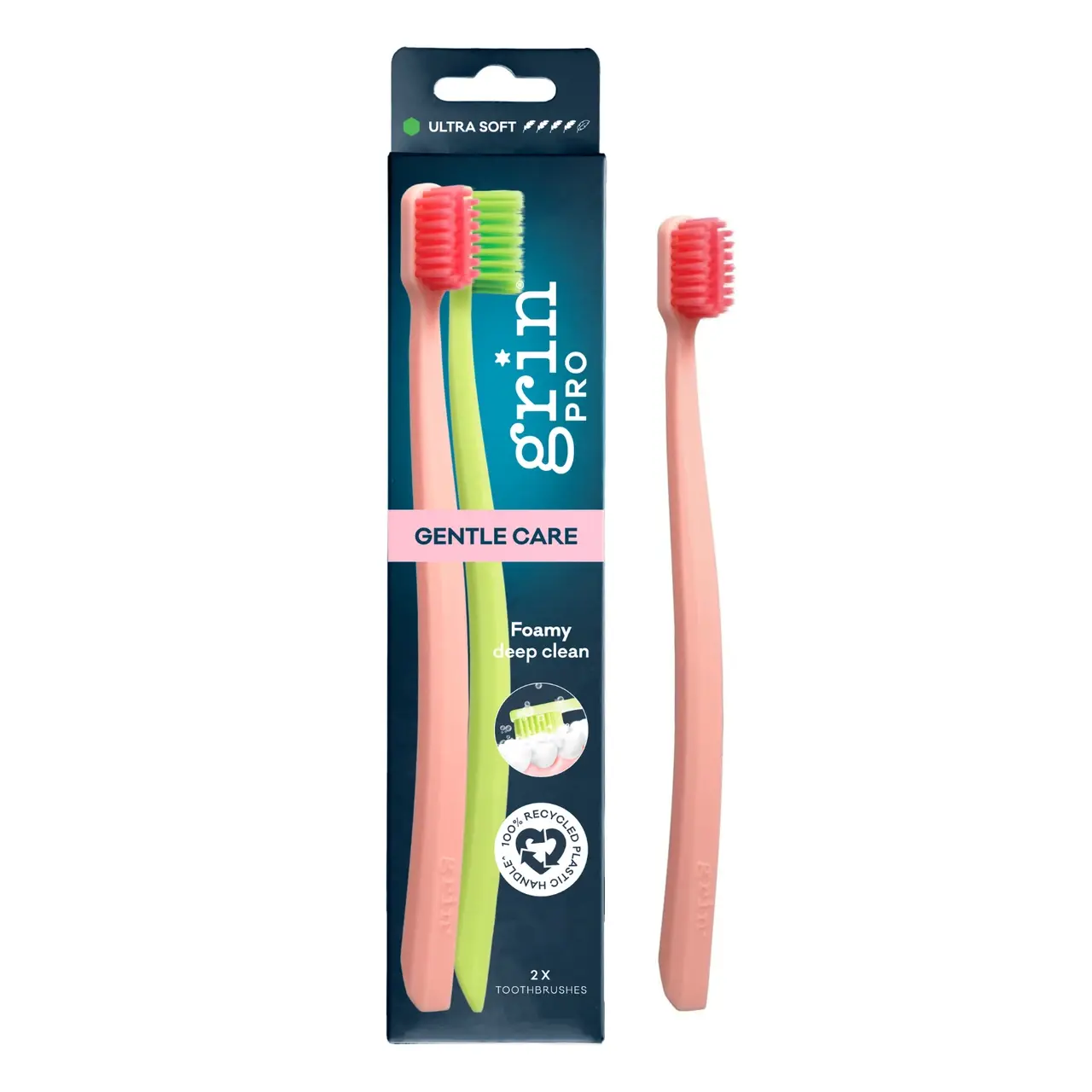 Grin Pro Ultimate Gentle Care Toothbrush Ultra Soft Green & Pink 2 Pack Image 1