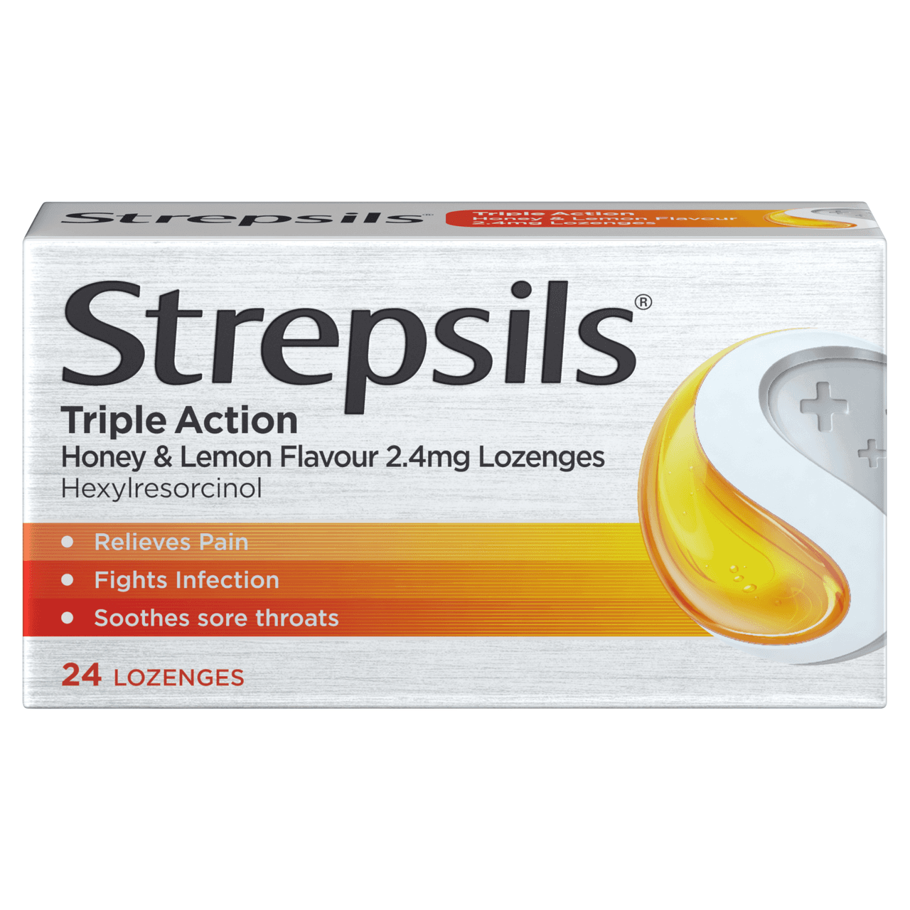 Strepsils Extra Triple Action Sore Throat Honey & Lemon 24 Lozenges Image 1