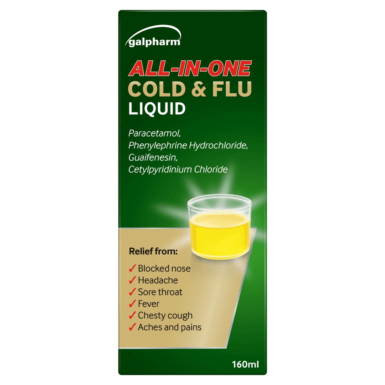 Galpharm All-in-One Cold & Flu Liquid 160ml Image 1
