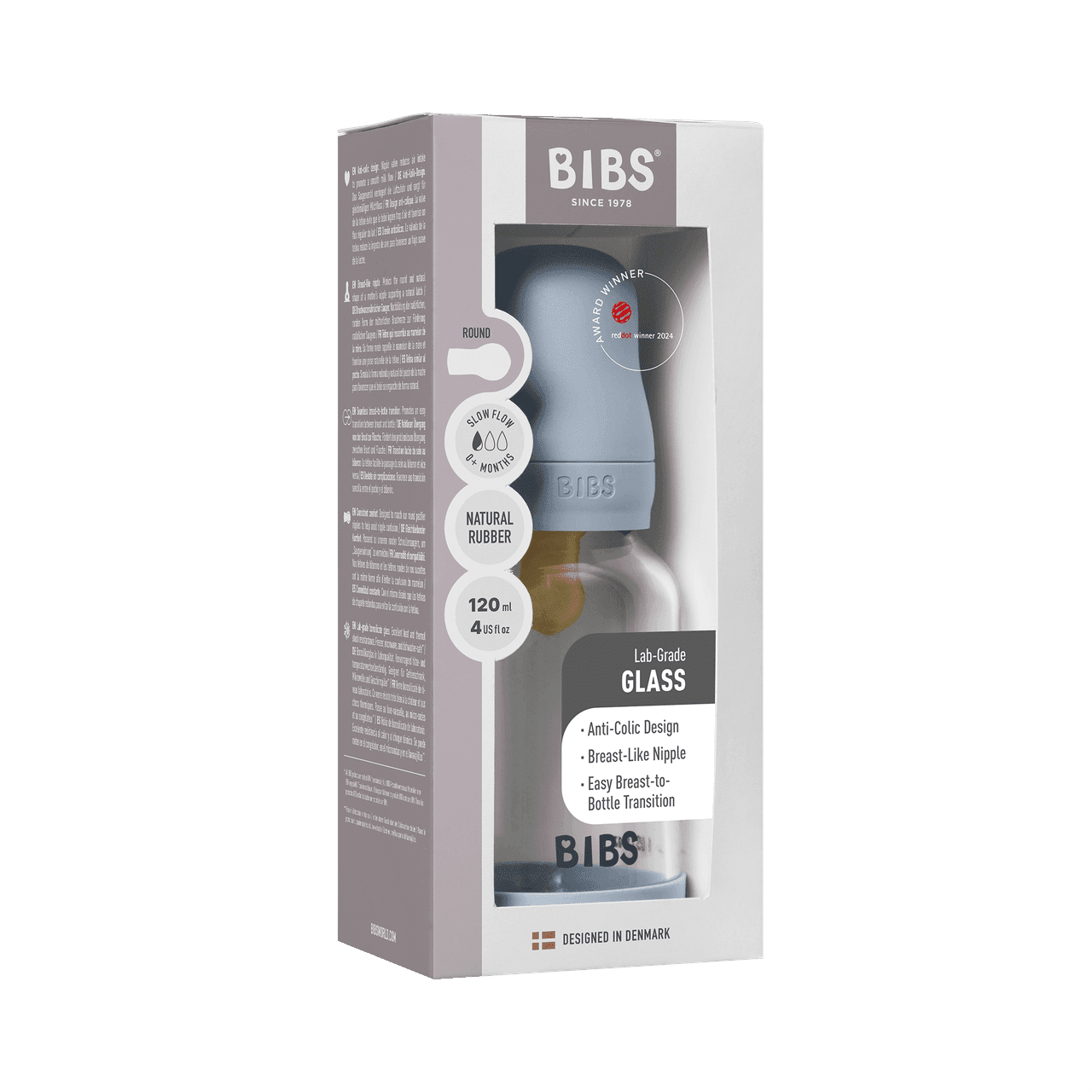 BIBS Glass Baby Bottle Round Latex 1 pack 120 ml Slow Flow Baby Blue Image 1