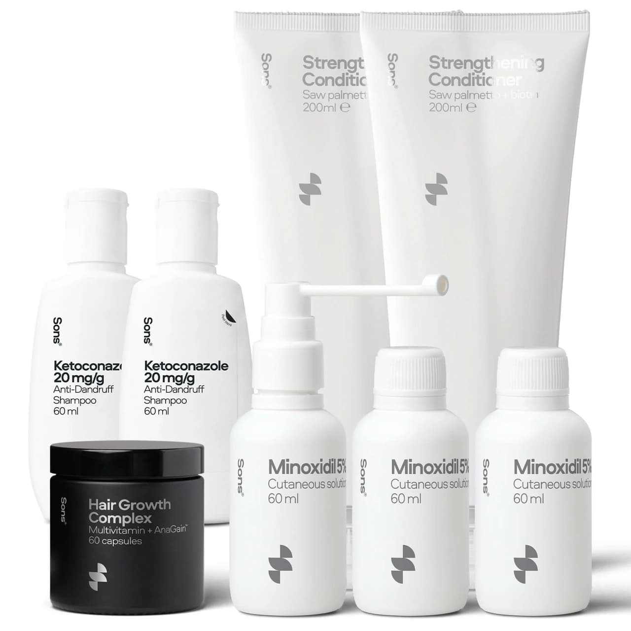 Sons Minodixil 3 Months Ketoconazole 60ml x 2 Cond 200ml x 2 & Hair Growth Caps Bundle Image 1