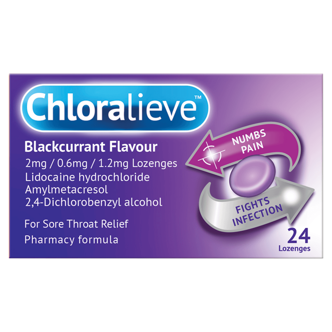 Chloralieve Blackcurrent Sore Throat 24 Lozenges Image 1