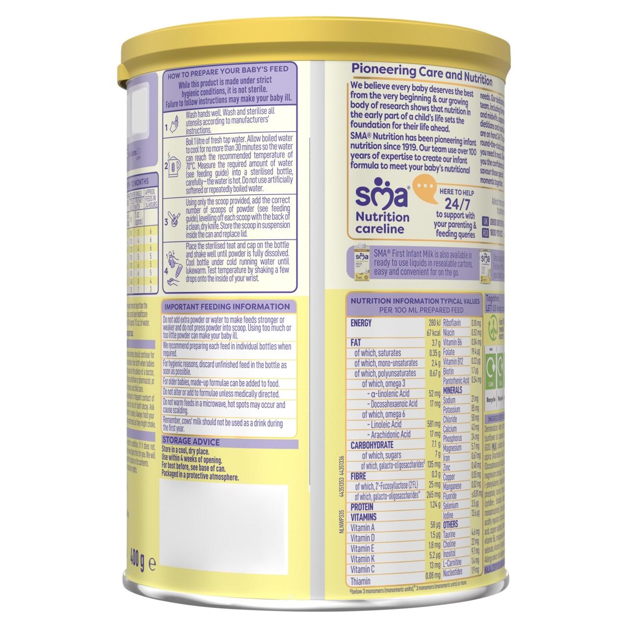 SMA PRO First Infant Milk From Birth 400g Image https://cdn11.bigcommerce.com/s-g585yu857h/images/stencil/1280w/products/2039/18348/7613036912976_T20__93890.1757686781.jpg1