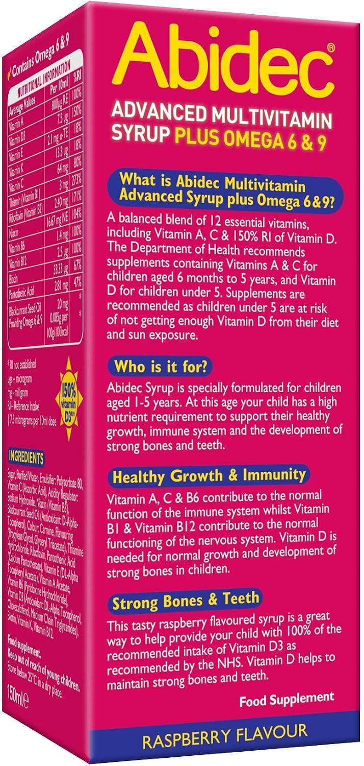 Abidec Advanced Multivitamin Syrup Plus Omega 6 & 9 Raspberry Flavour 150ml Image https://cdn11.bigcommerce.com/s-g585yu857h/images/stencil/1280w/products/2350/38068/81QYCDxvJJL._AC_SL1500___78096.1787330128.jpg1
