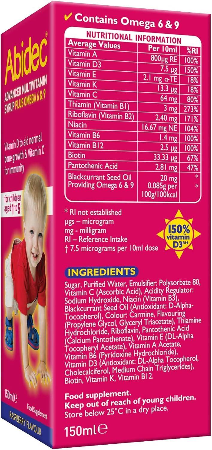 Abidec Advanced Multivitamin Syrup Plus Omega 6 & 9 Raspberry Flavour 150ml Image https://cdn11.bigcommerce.com/s-g585yu857h/images/stencil/1280w/products/2350/38069/71jtrnWE6tL._AC_SL1500___61368.1787330128.jpg1