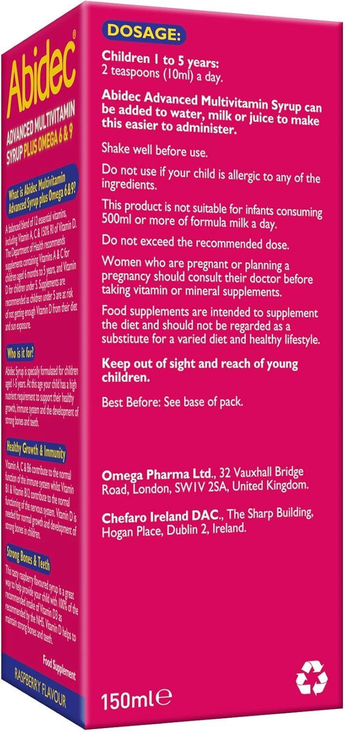 Abidec Advanced Multivitamin Syrup Plus Omega 6 & 9 Raspberry Flavour 150ml Image https://cdn11.bigcommerce.com/s-g585yu857h/images/stencil/1280w/products/2350/38070/71CU9POjCrL._AC_SL1500___93282.1787330128.jpg1