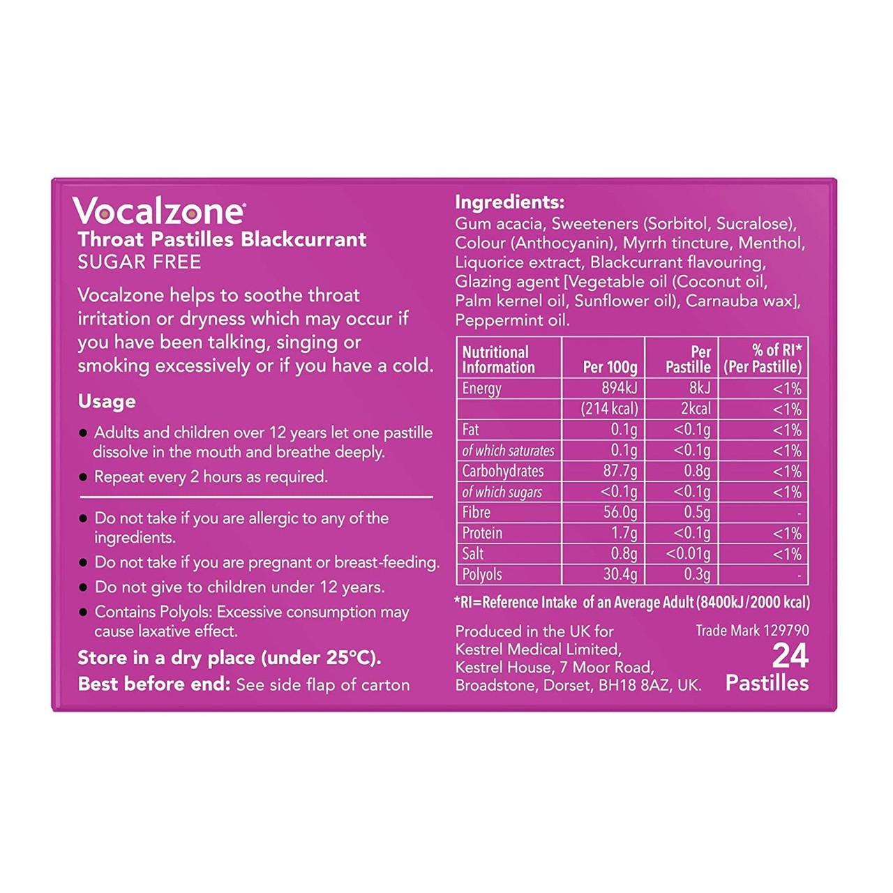 Vocalzone Blackcurrant Sugar Free Throat Pastilles 24 Pack Image https://cdn11.bigcommerce.com/s-g585yu857h/images/stencil/1280w/products/2570/4333/Vocalzone-Blackcurrant-Sugar-Free-Throat-Pastilles__25441__45888.1781189408.jpg1