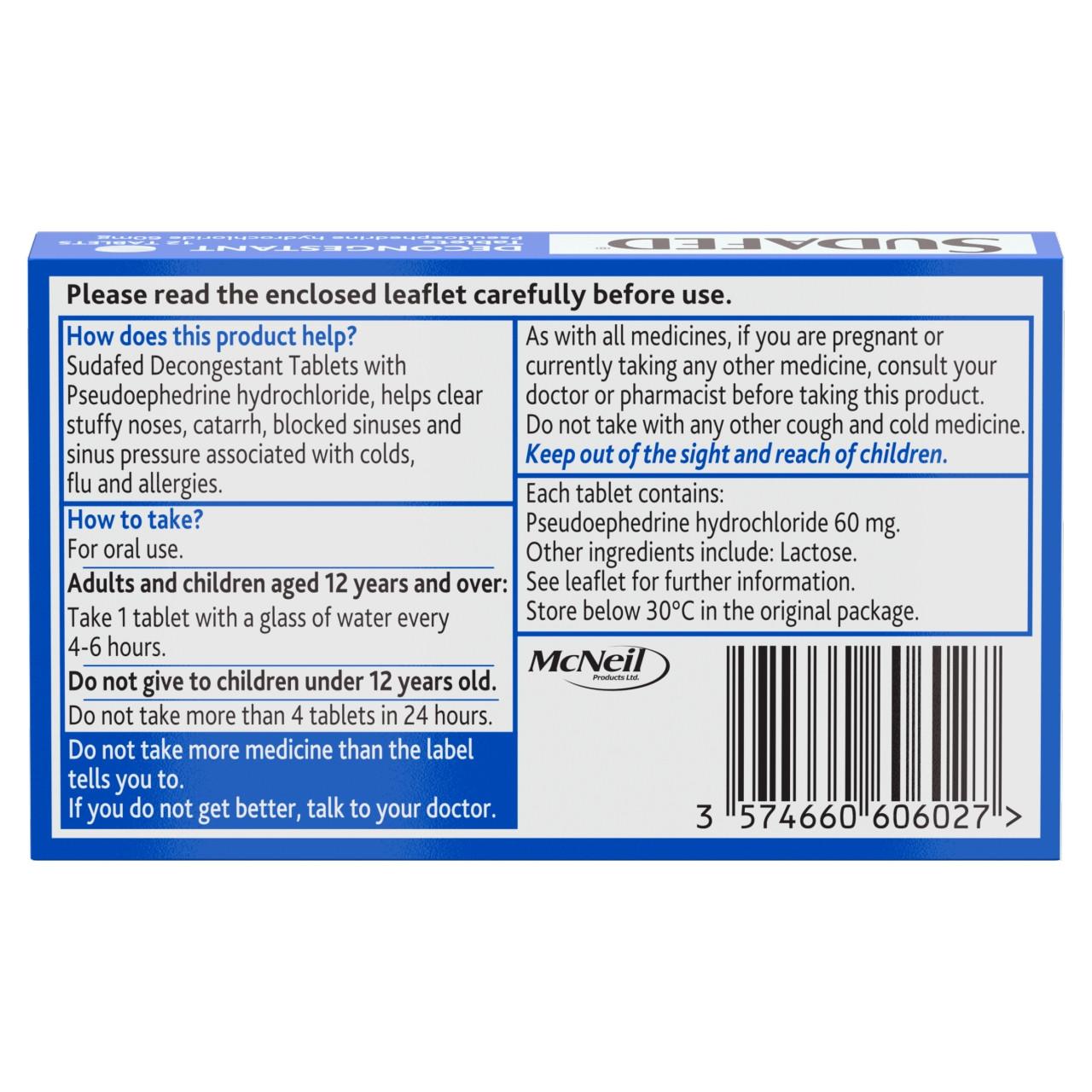 Sudafed Decongestant 12 Tablets Image https://cdn11.bigcommerce.com/s-g585yu857h/images/stencil/1280w/products/2631/38599/03574660606027_T16___87958.1788258603.jpg1