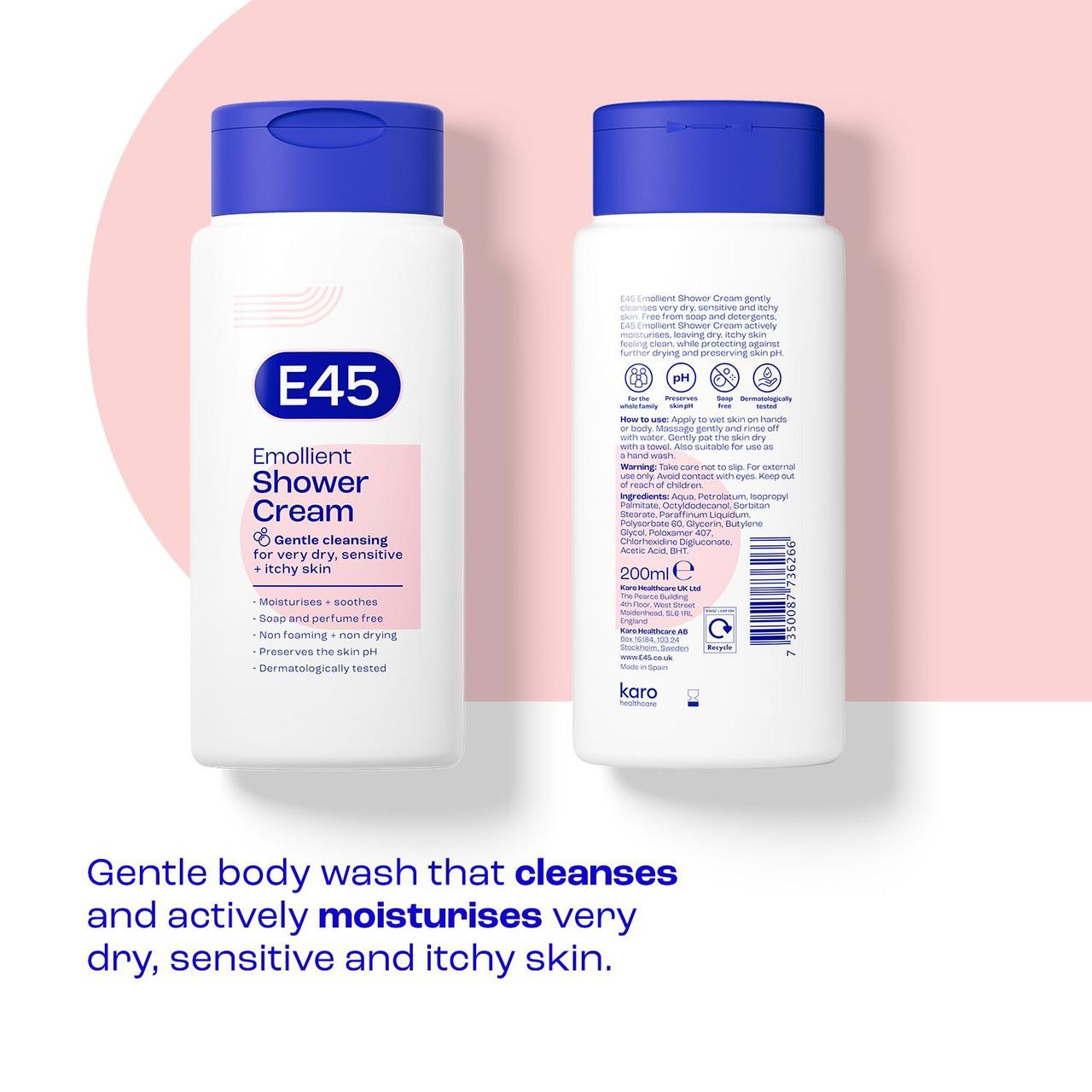 E45 Emollient Shower Cream 200ml Image https://cdn11.bigcommerce.com/s-g585yu857h/images/stencil/1280w/products/2640/12871/0003639B__22912.1781189604.jpg1