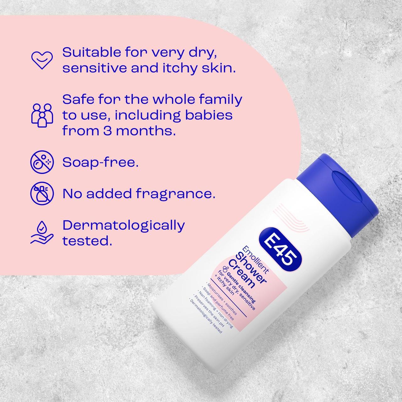 E45 Emollient Shower Cream 200ml Image https://cdn11.bigcommerce.com/s-g585yu857h/images/stencil/1280w/products/2640/12872/0003639E__69018.1781189446.jpg1
