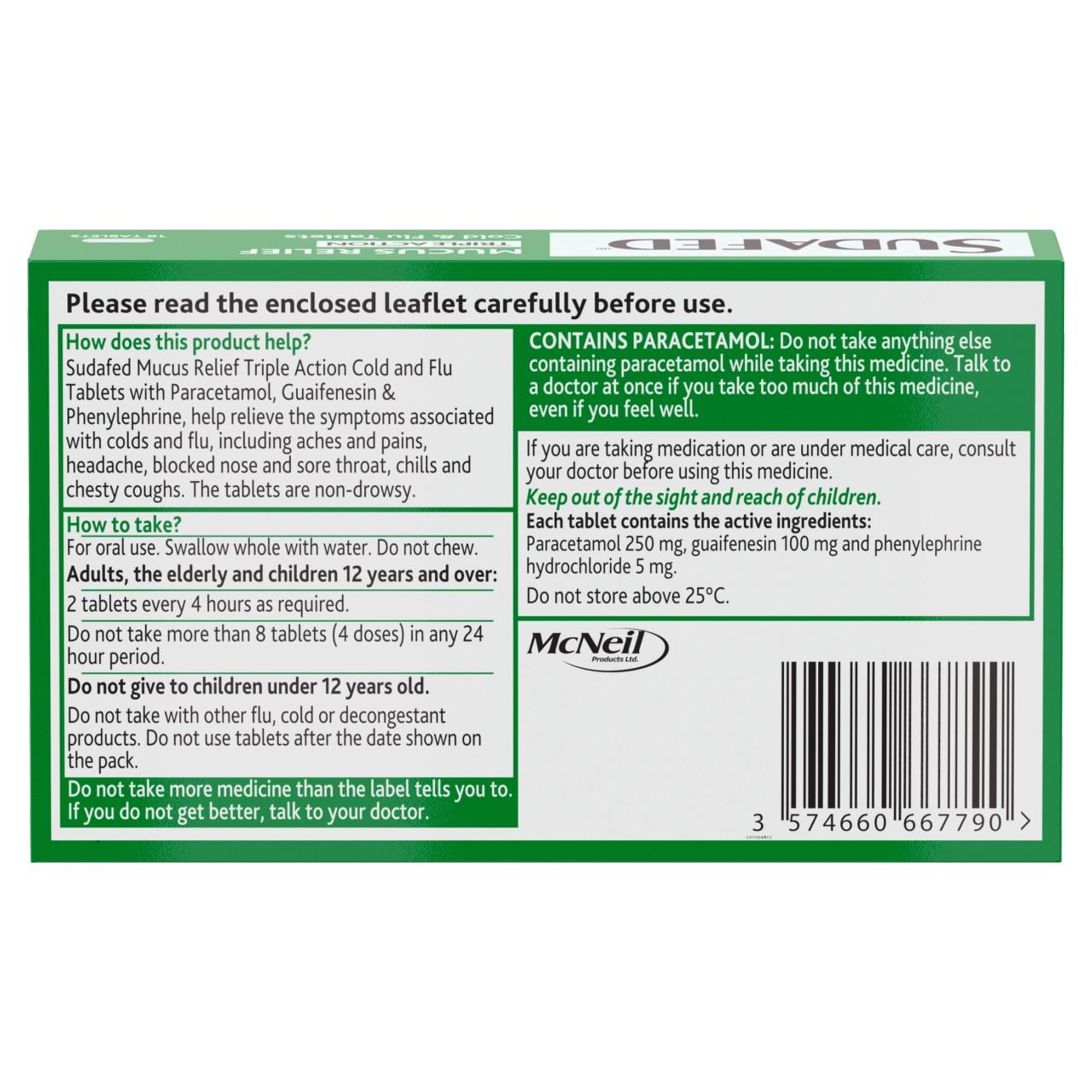 Sudafed Mucus Relief Triple Action Cold and Flu 16 Tablets Image https://cdn11.bigcommerce.com/s-g585yu857h/images/stencil/1280w/products/2747/35338/03574660667790_T16___21031.1784888375.jpg1