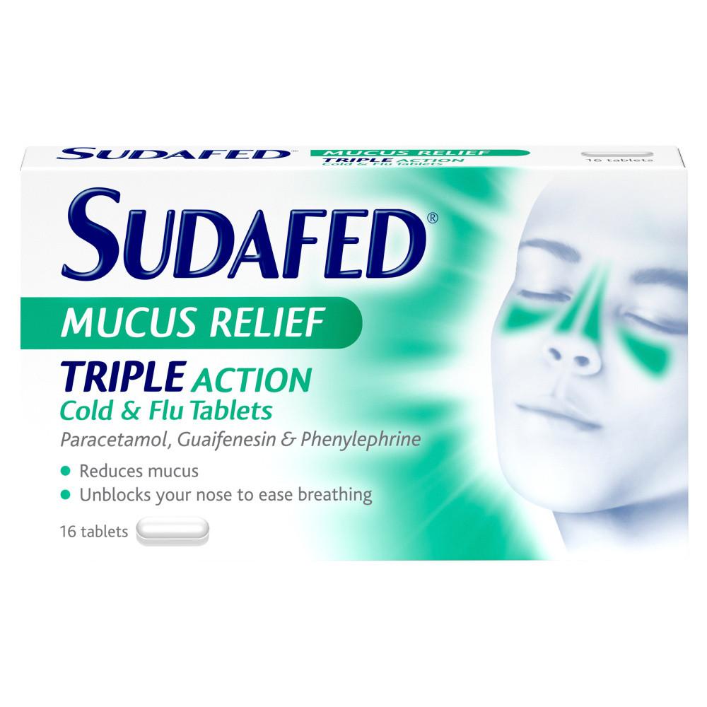 Sudafed Mucus Relief Triple Action Cold and Flu 16 Tablets Image 1