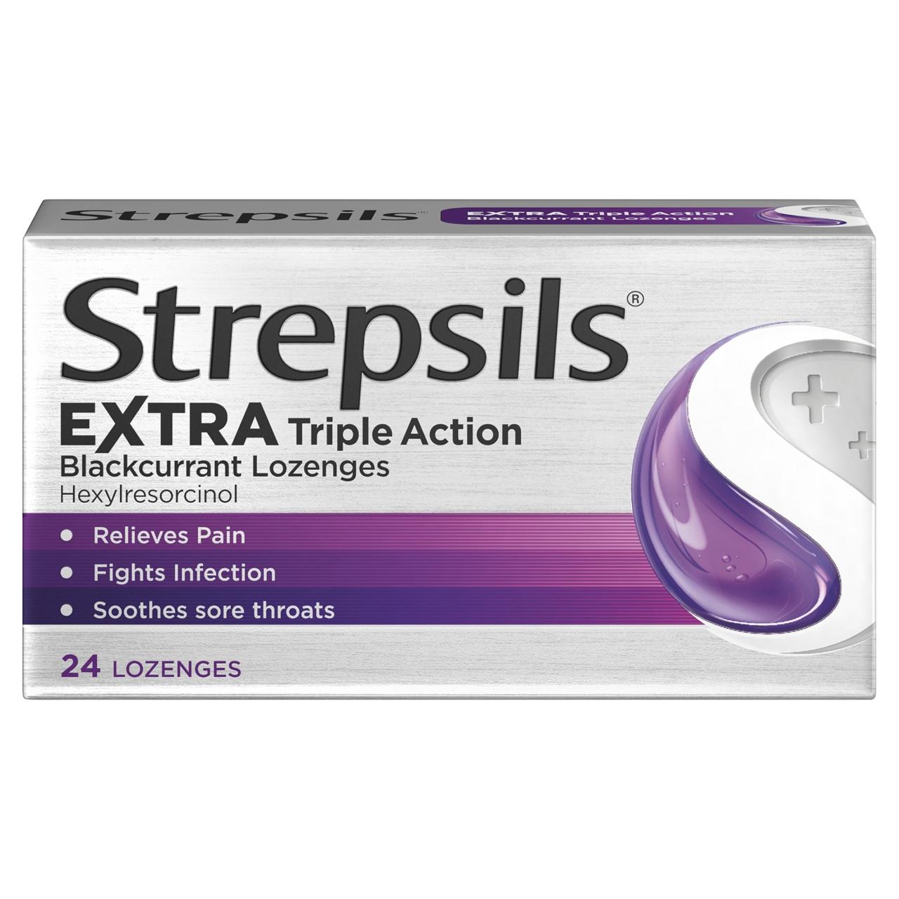 Strepsils Extra Triple Action Blackcurrant Lozenges 24 Pack Image 1