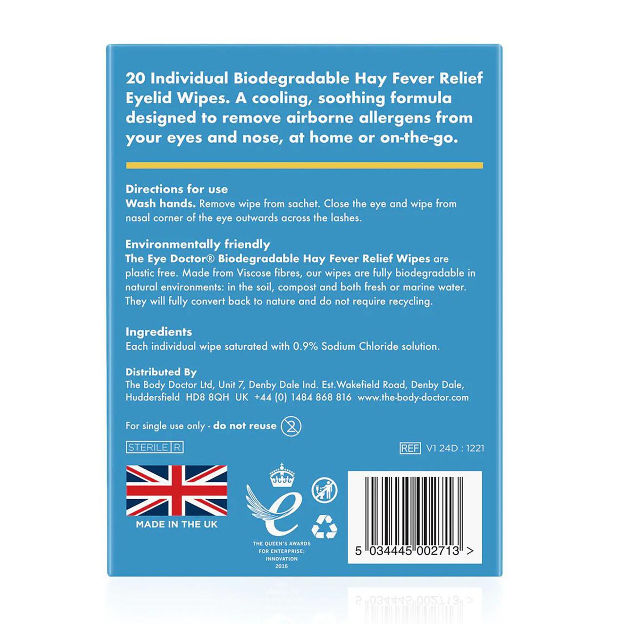 The Eye Doctor Biodegradable Hayfever Relief Eyelid Wipes 20 Pack Image https://cdn11.bigcommerce.com/s-g585yu857h/images/stencil/1280w/products/2930/5115/The-Eye-Doctor-Biodegradable-Hayfever-Relief-Eyelid-Wipes__61985__64304.1740667905.jpg1