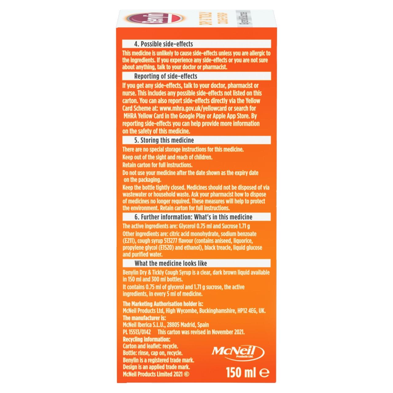Benylin Dry & Tickly Cough Syrup 150ml Image https://cdn11.bigcommerce.com/s-g585yu857h/images/stencil/1280w/products/2996/33567/03574661370194_T23___06593.1783004422.jpg1