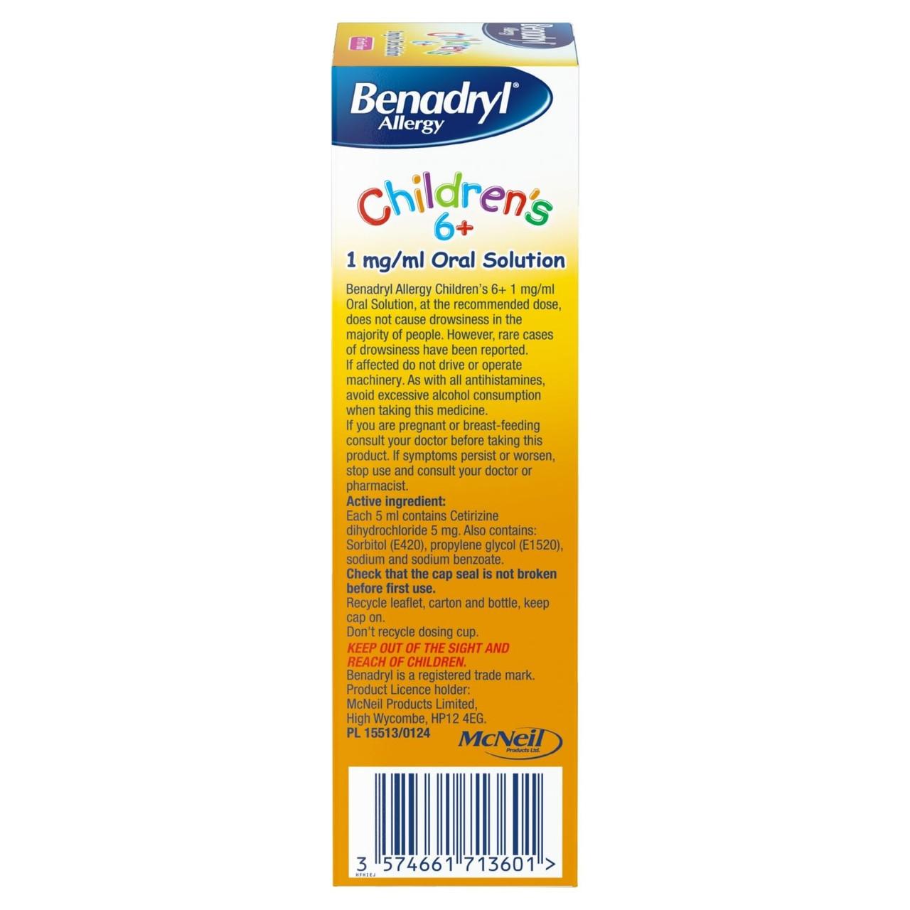 Benadryl Allergy Children's 6+ 1mg/ml Oral Solution 60ml Image https://cdn11.bigcommerce.com/s-g585yu857h/images/stencil/1280w/products/3040/5320/ml-Oral-Solution__58475__09996.1781535851.jpg1