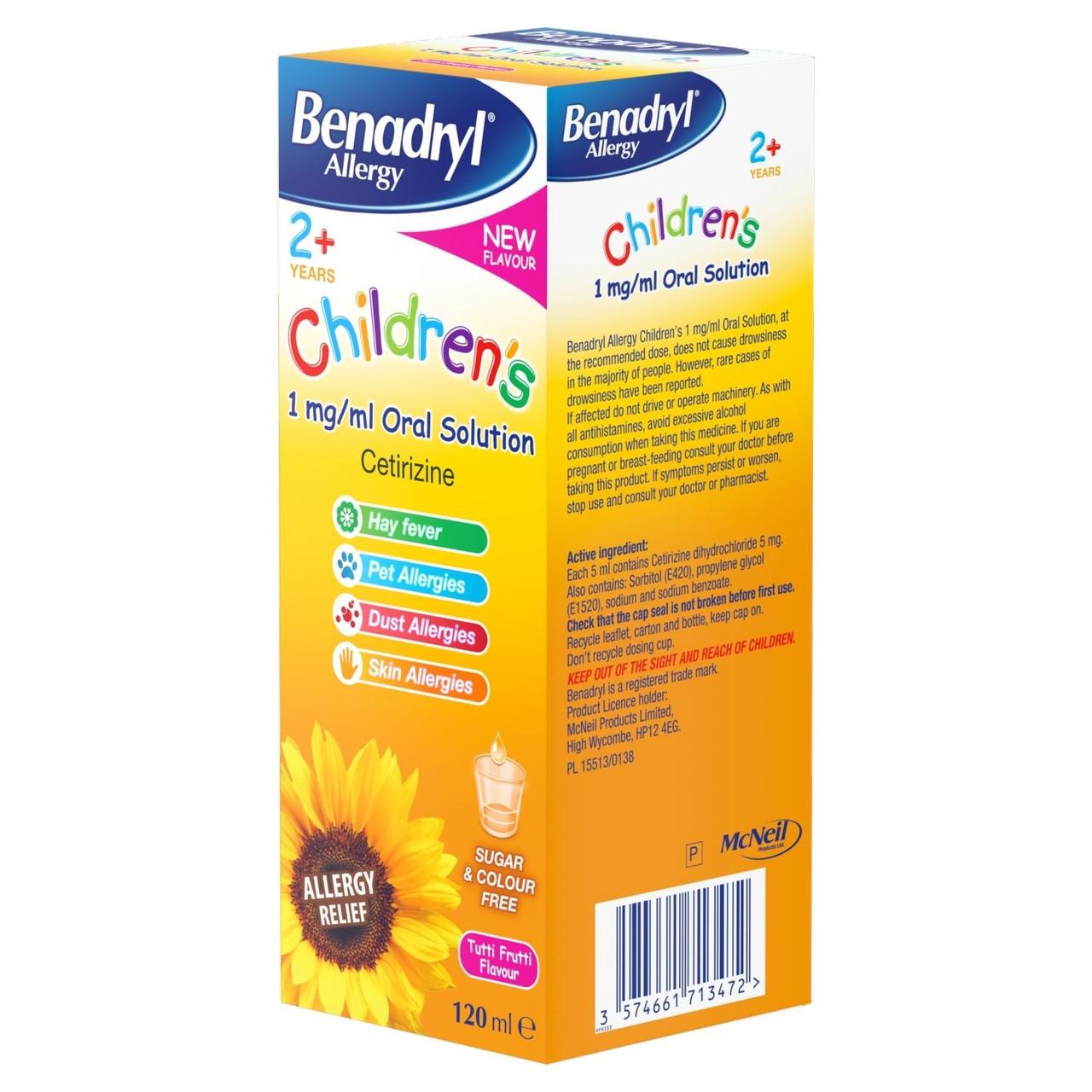 Benadryl Allergy Children's 2 Years Plus 1mg/ml Oral Solution 120ml Image https://cdn11.bigcommerce.com/s-g585yu857h/images/stencil/1280w/products/3051/5335/ml-Oral-Solution__50059__40838.1740667921.jpg1
