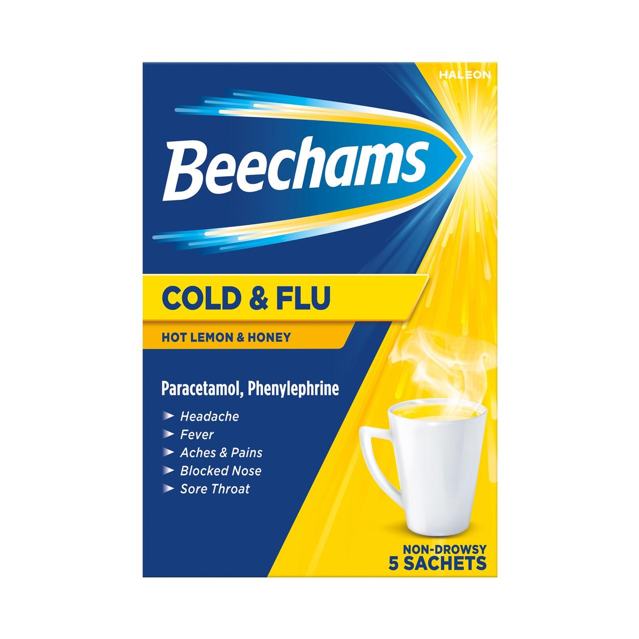 Beechams Cold & Flu Hot Lemon & Honey 5 Sachets Image 1