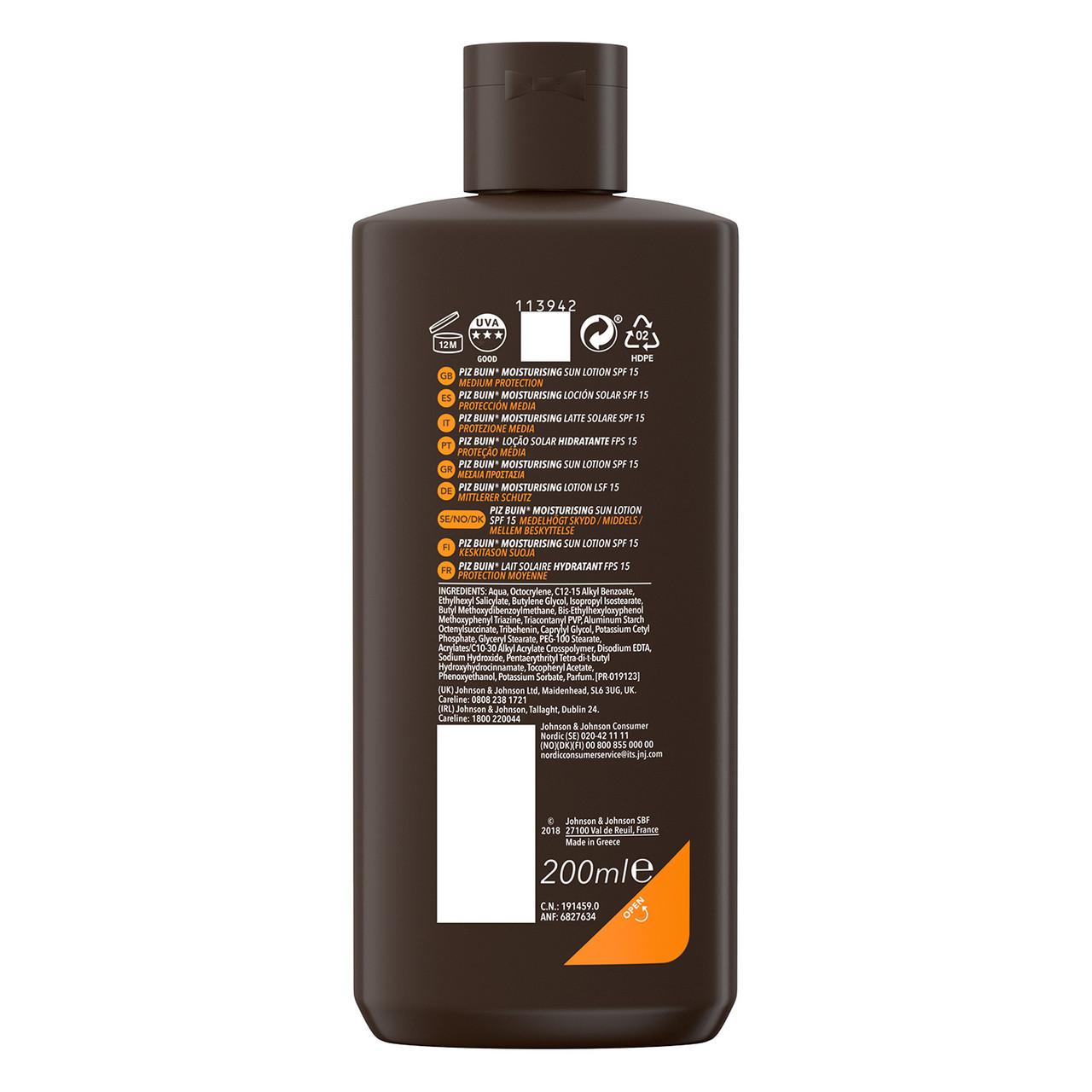 Piz Buin Moisturising Lotion SPF15 200ml Image https://cdn11.bigcommerce.com/s-g585yu857h/images/stencil/1280w/products/3180/5548/Piz-Buin-Moisturising-Lotion-SPF15__57578__54479.1740667925.jpg1