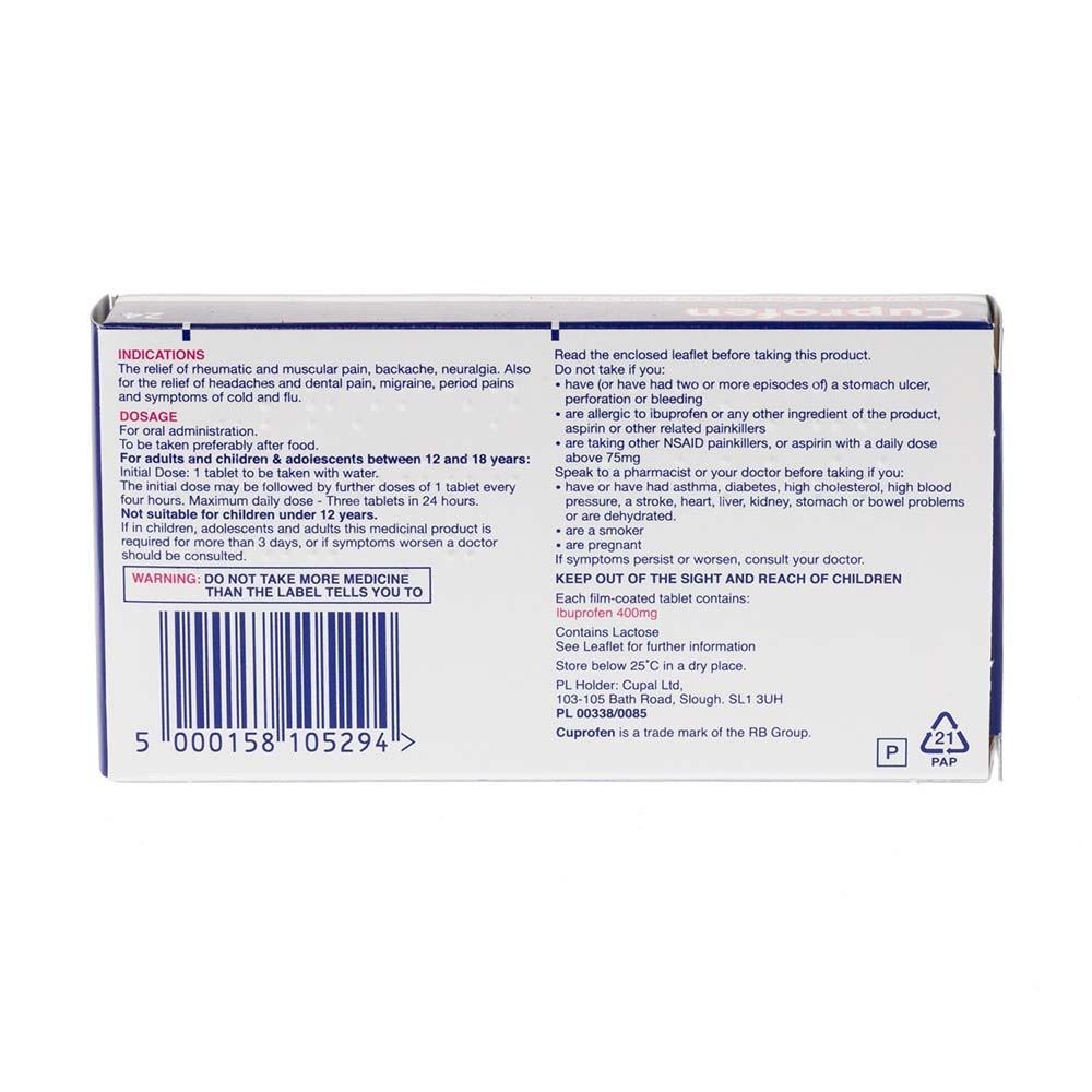 Cuprofen Maximum Strength 400mg 24 Tablets Image https://cdn11.bigcommerce.com/s-g585yu857h/images/stencil/1280w/products/3199/5582/Cuprofen-Maximum-Strength-Tablets-24s__30203__55272.1740667928.jpg1