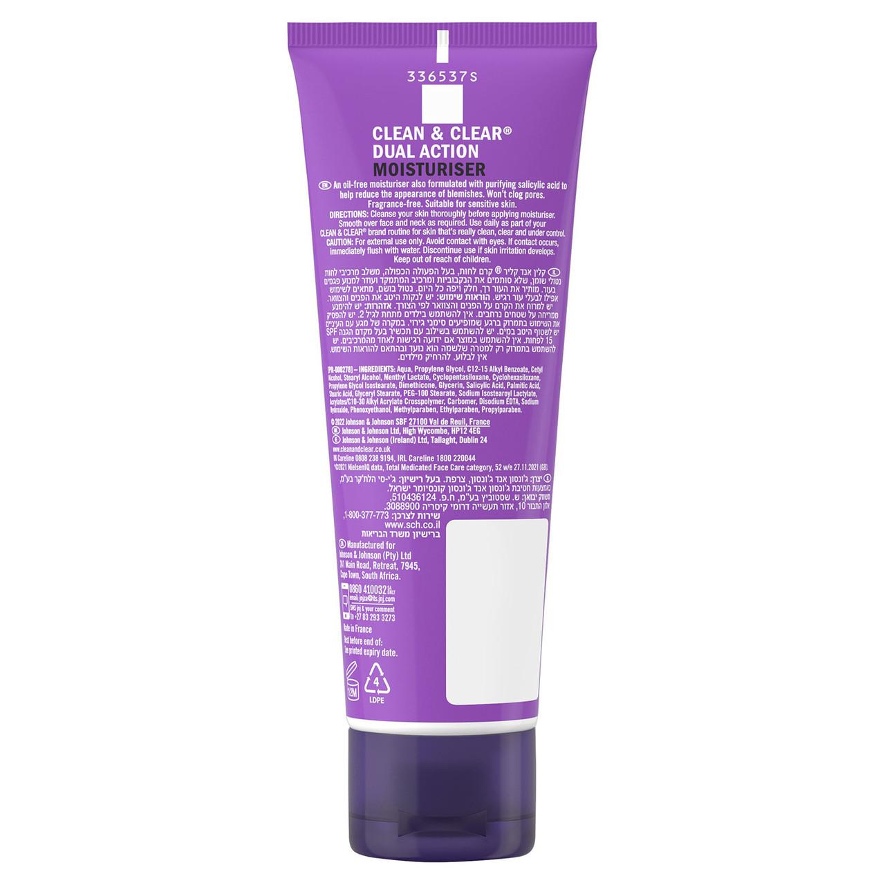 Clean & Clear Dual Action Moisturiser 100ml Image https://cdn11.bigcommerce.com/s-g585yu857h/images/stencil/1280w/products/3590/6419/Clean-%26-Clear-Dual-Action-Oil-Free-Moisturiser__68492__74519.1740667966.jpg1