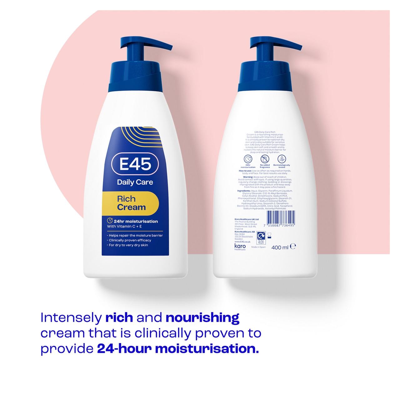 E45 Rich 24h Body Cream Moisturiser Pump 400ml Image https://cdn11.bigcommerce.com/s-g585yu857h/images/stencil/1280w/products/3984/11432/7350087736495_T60__87877.1740667997.jpg1