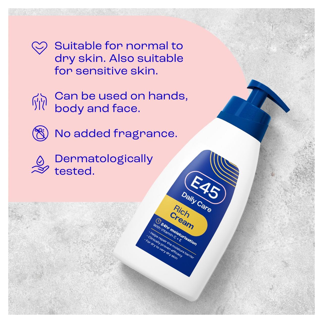 E45 Rich 24h Body Cream Moisturiser Pump 400ml Image https://cdn11.bigcommerce.com/s-g585yu857h/images/stencil/1280w/products/3984/11434/7350087736495_T63__37518.1740667997.jpg1